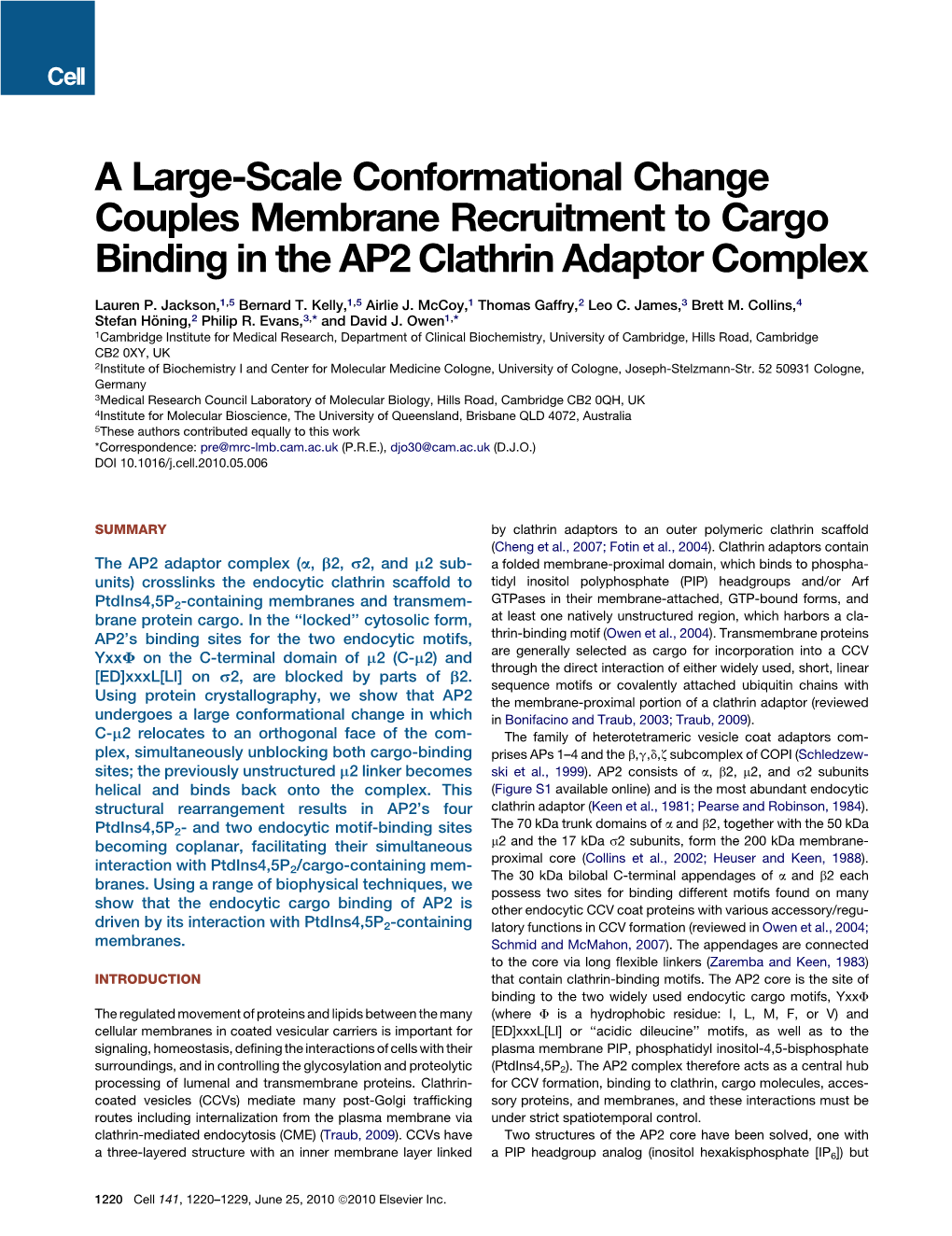 A Large-Scale Conformational Change Couples Membrane Recruitment to Cargo Binding in the AP2 Clathrin Adaptor Complex