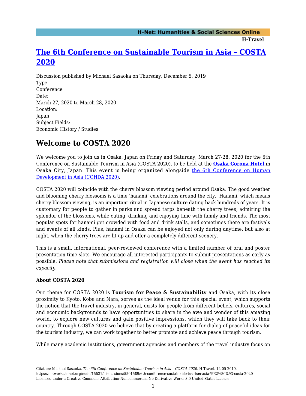 The 6Th Conference on Sustainable Tourism in Asia – COSTA 2020