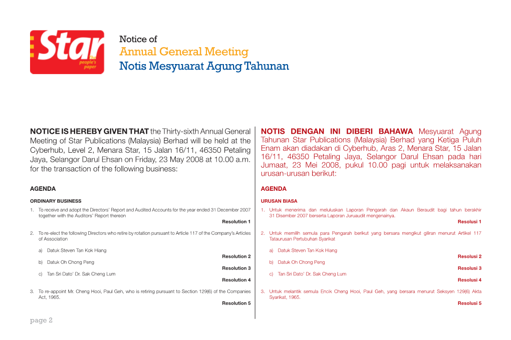 Annual General Meeting Notis Mesyuarat Agung Tahunan