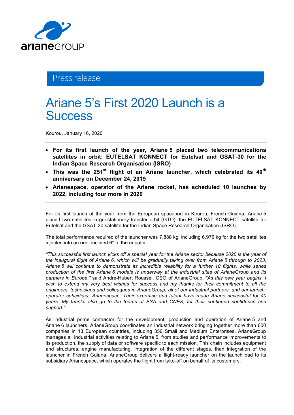 Ariane 5'S First 2020 Launch Is a Success