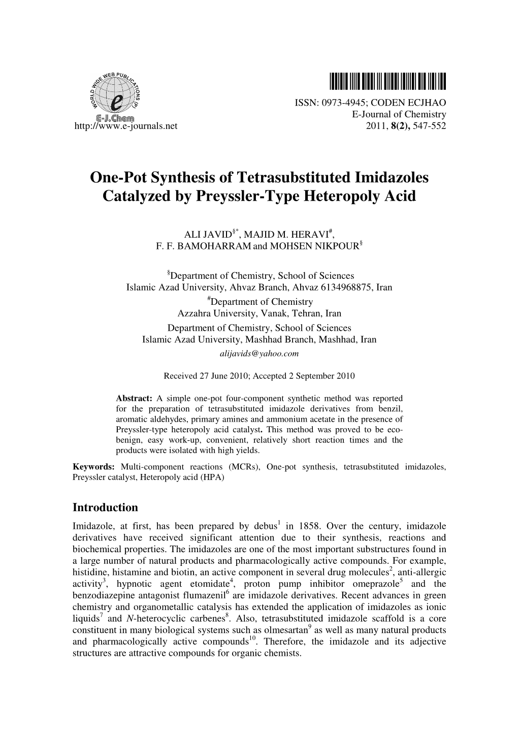 One-Pot Synthesis of Tetrasubstituted Imidazoles Catalyzed by Preyssler-Type Heteropoly Acid