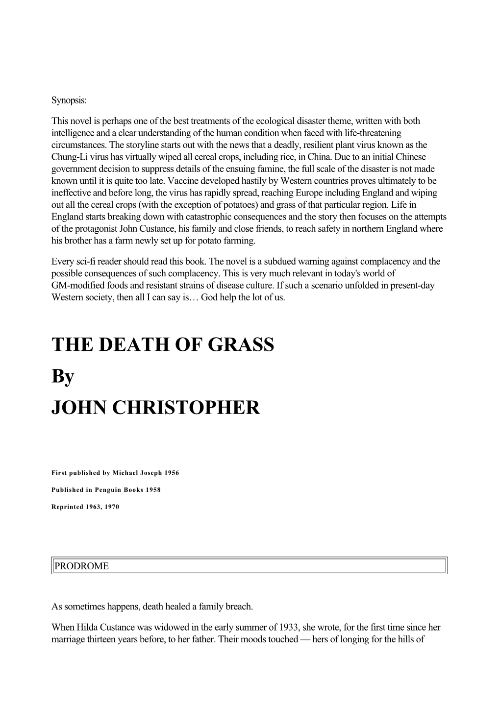 THE DEATH of GRASS by JOHN CHRISTOPHER