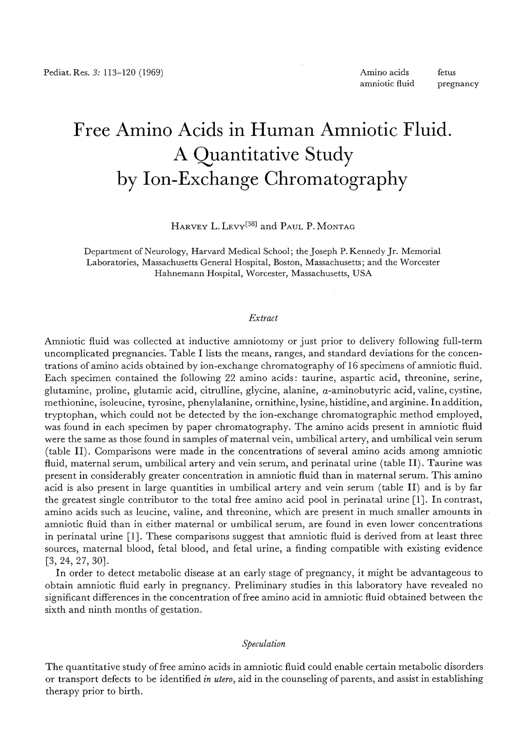 Free Amino Acids in Human Amniotic Fluid. a Quantitative Study by Ion-Exchange Chromatography