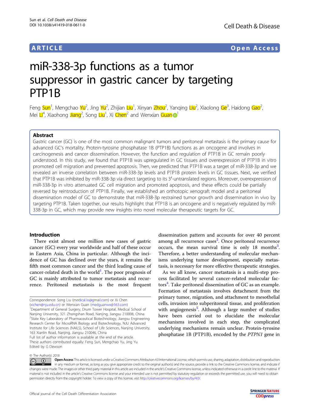 Mir-338-3P Functions As a Tumor Suppressor in Gastric Cancer by Targeting PTP1B