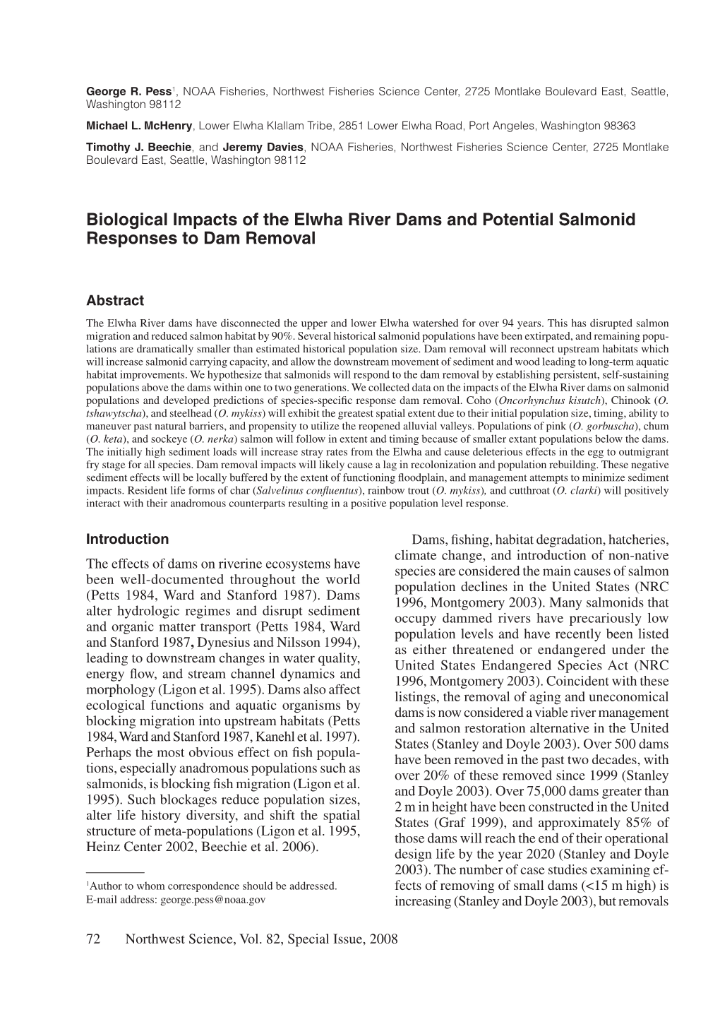 Biological Impacts of the Elwha River Dams and Potential Salmonid Responses to Dam Removal