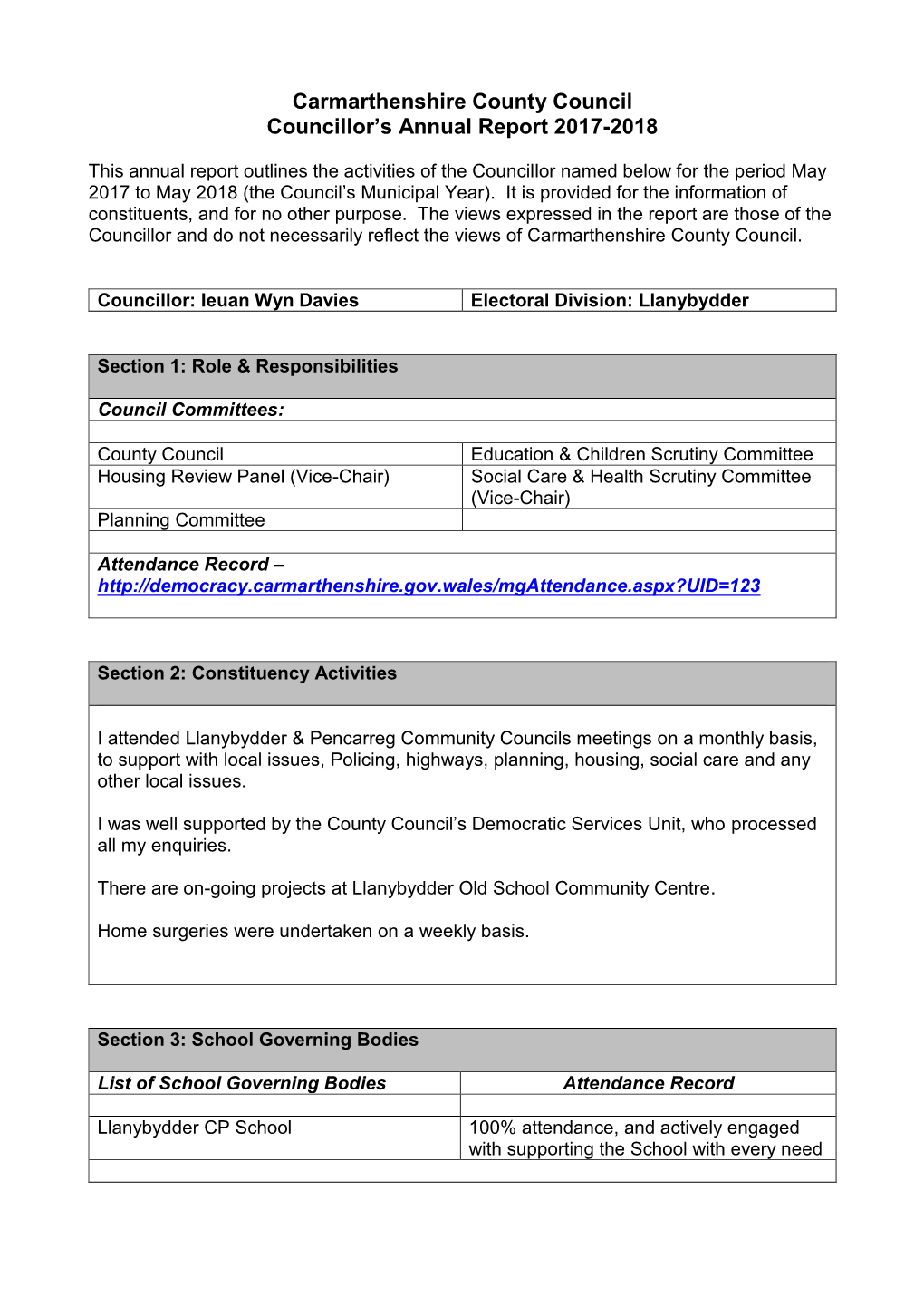 Carmarthenshire County Council Councillor's Annual Report 2017-2018