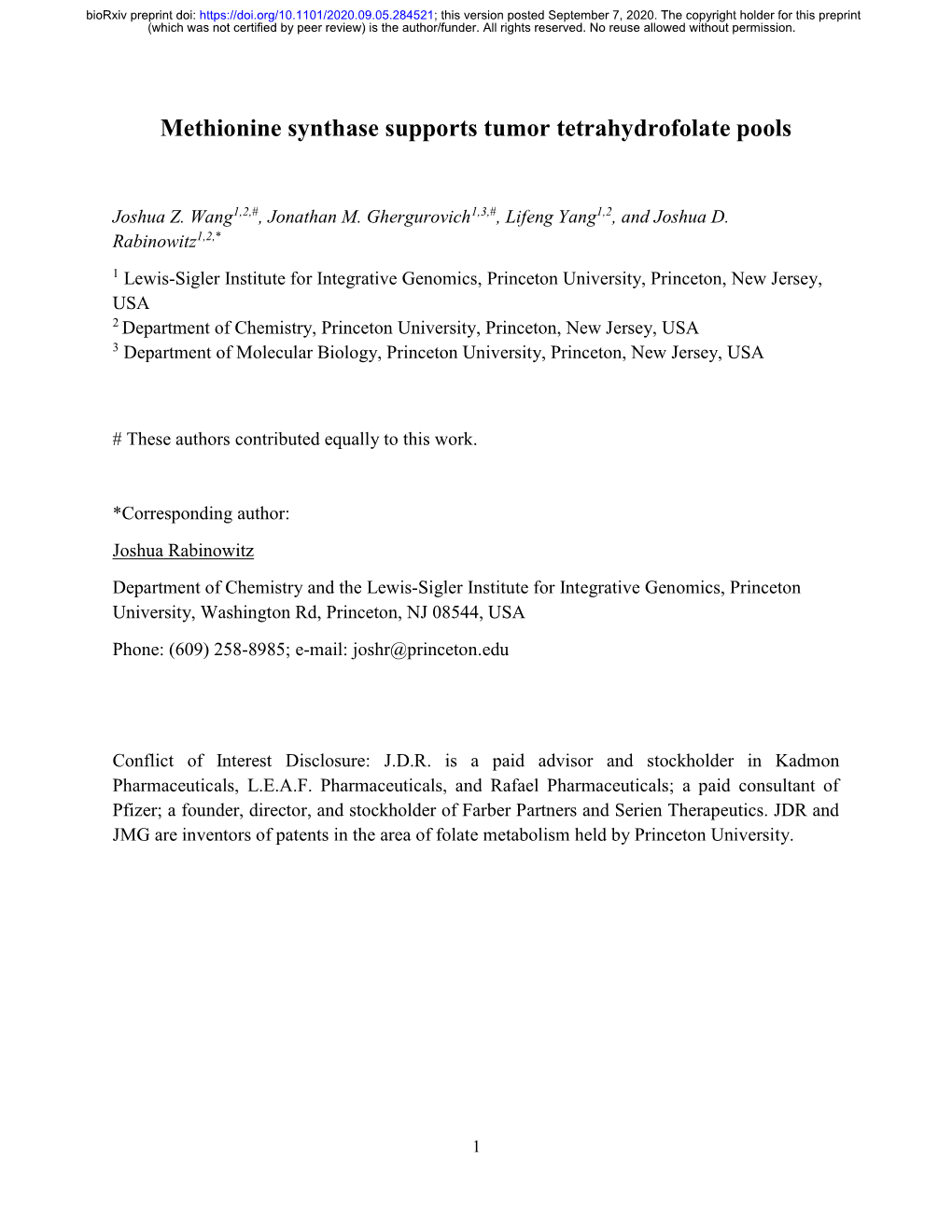 Methionine Synthase Supports Tumor Tetrahydrofolate Pools