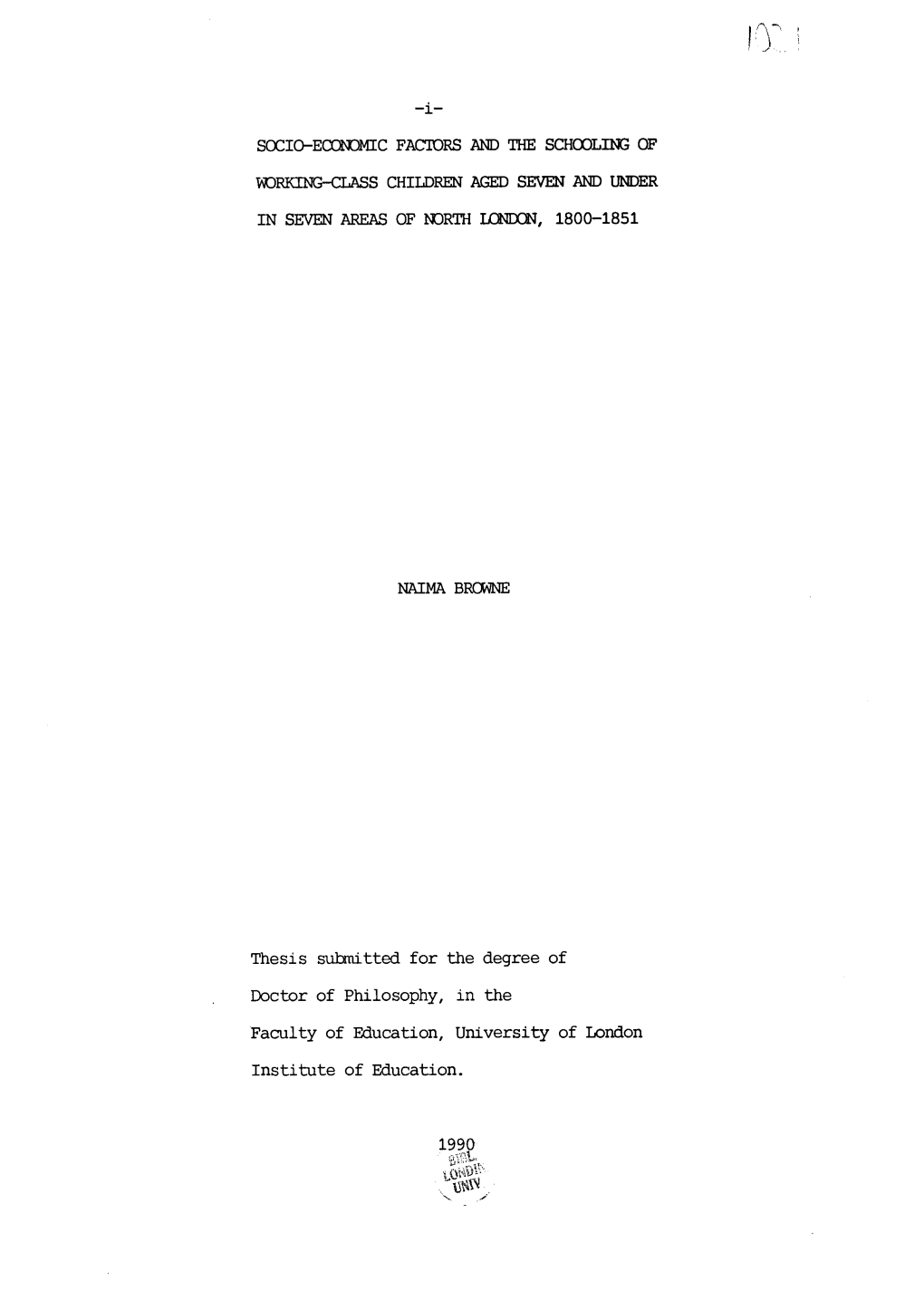 Socio-Economic Factors and the Schooling of Working-Class Children Aged Seven and Under in Seven Areas of North London