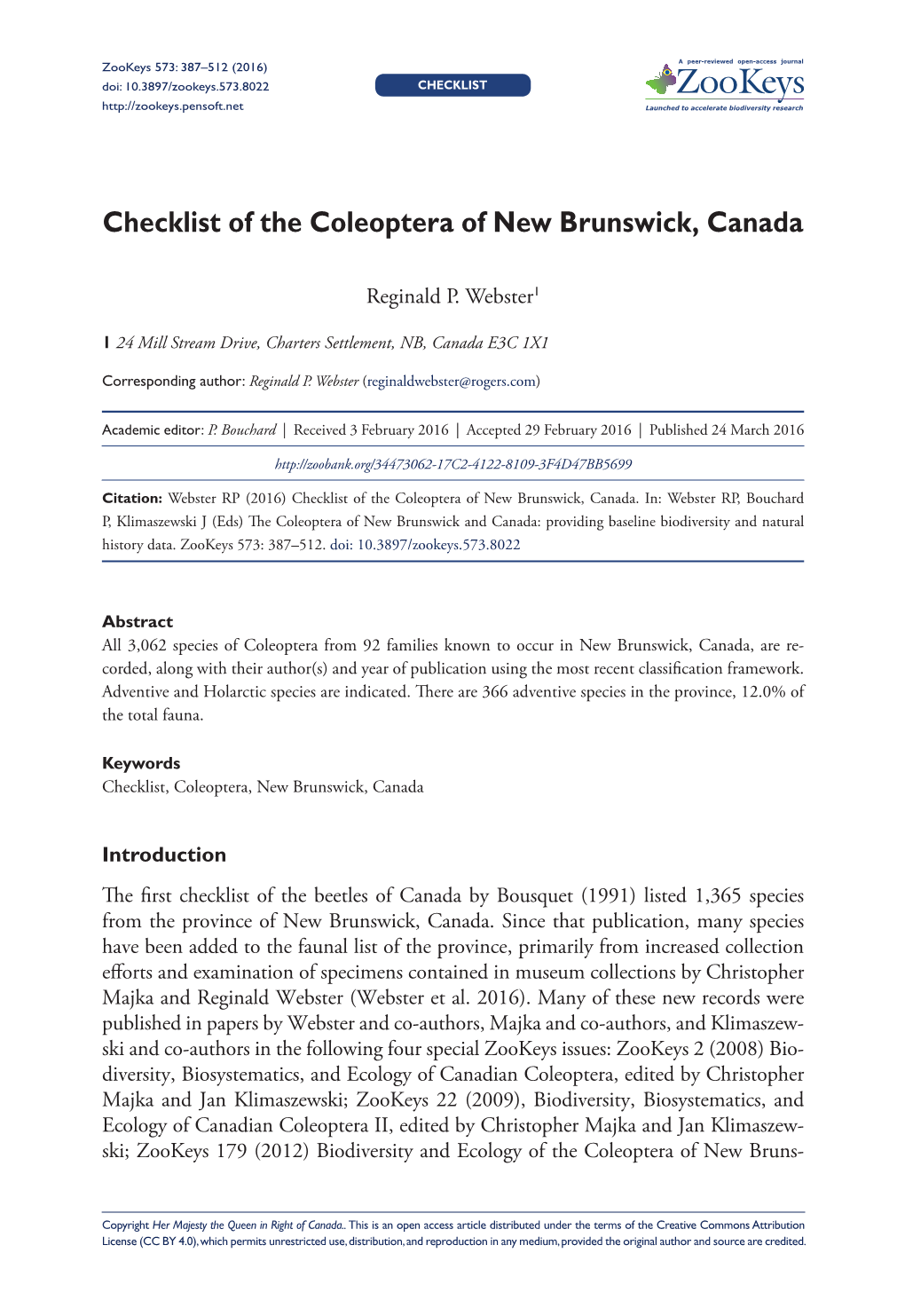 ﻿Checklist of the Coleoptera of New Brunswick, Canada