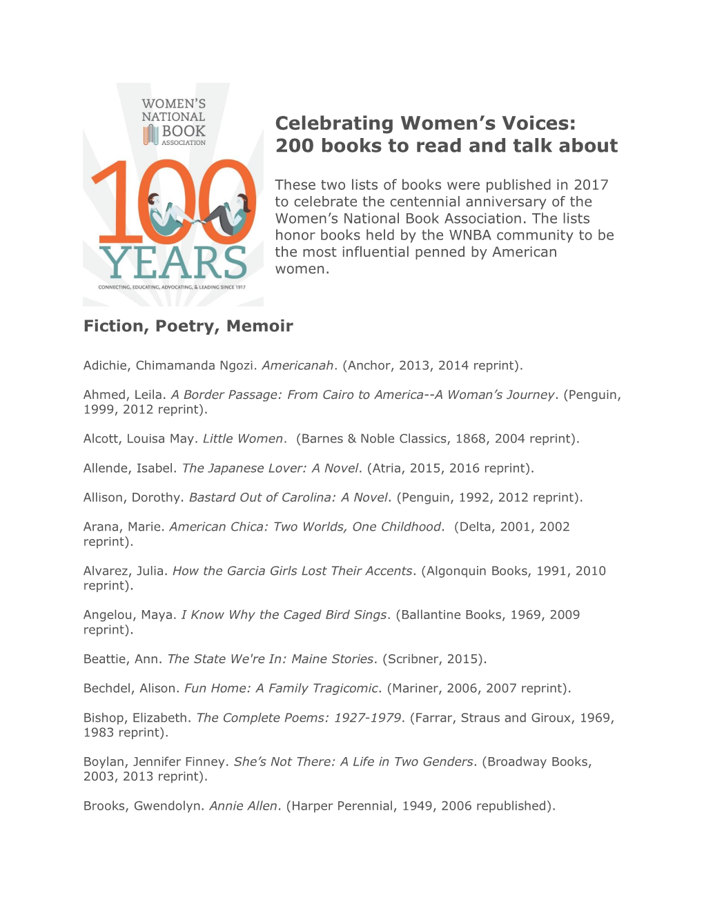 Celebrating Women's Voices: 200 Books to Read and Talk About