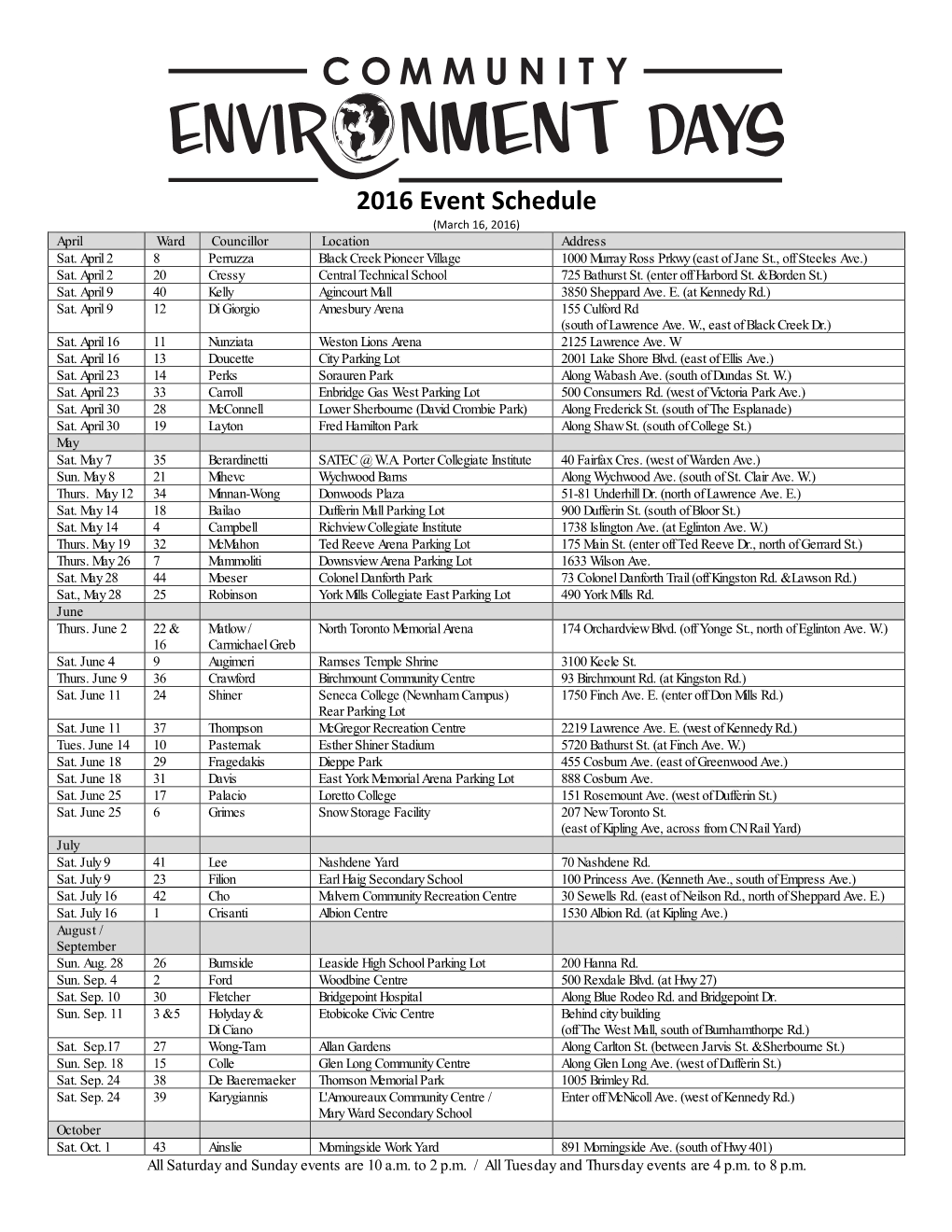 2016 Event Schedule (March 16, 2016) April Ward Councillor Location Address Sat