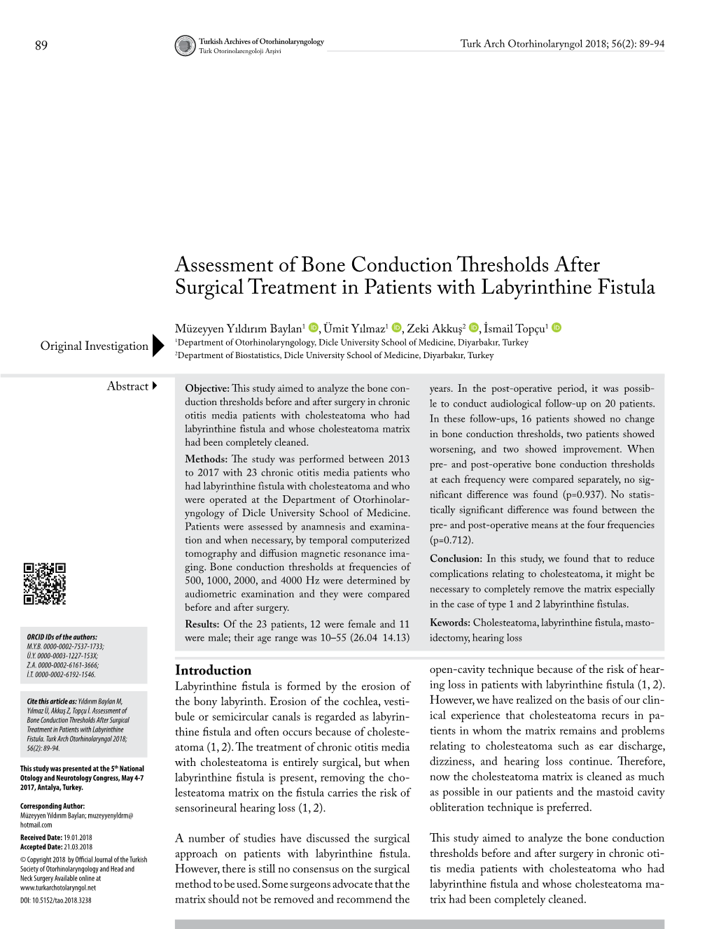 Assessment of Bone Conduction Thresholds After Surgical Treatment in Patients with Labyrinthine Fistula