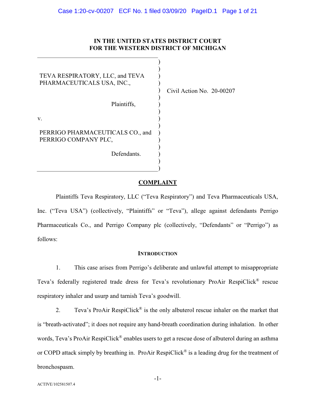 Teva Respiratory LLC V. Perrigo Pharmaceuticals