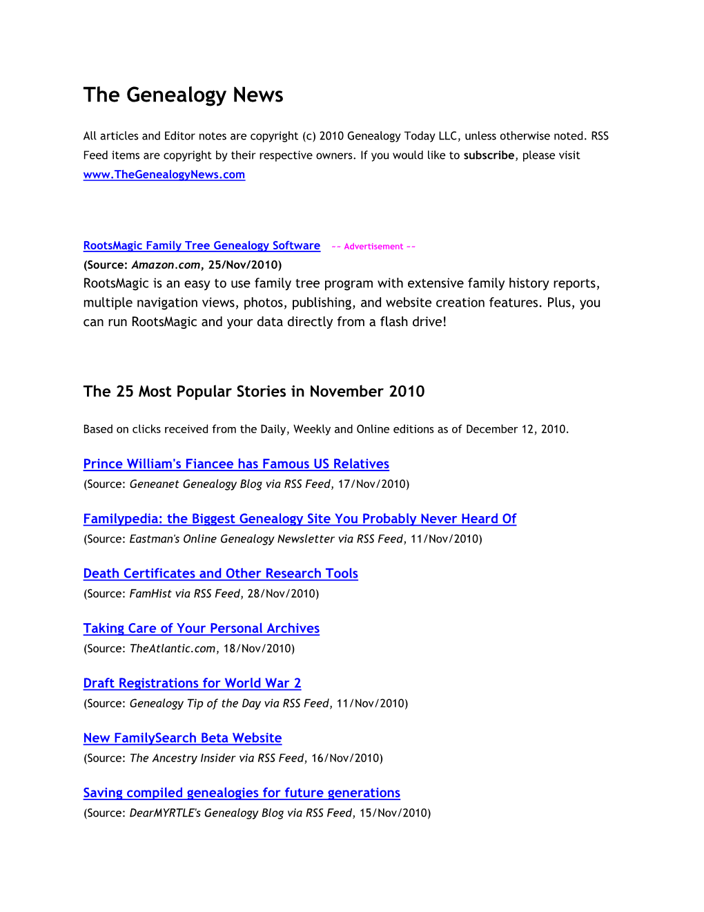 The Genealogy News, November 2010