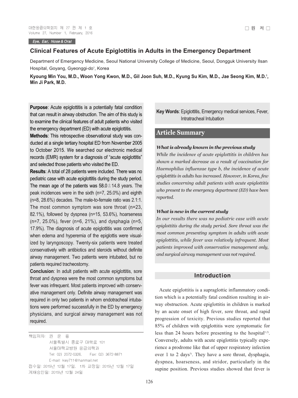 Clinical Features of Acute Epiglottitis in Adults in the Emergency Department