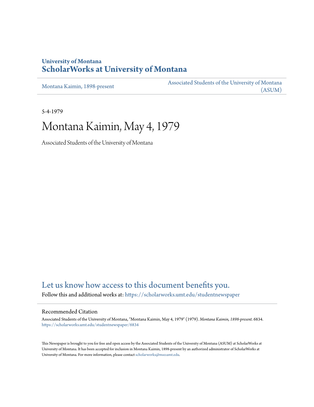 Montana Kaimin, May 4, 1979 Associated Students of the University of Montana