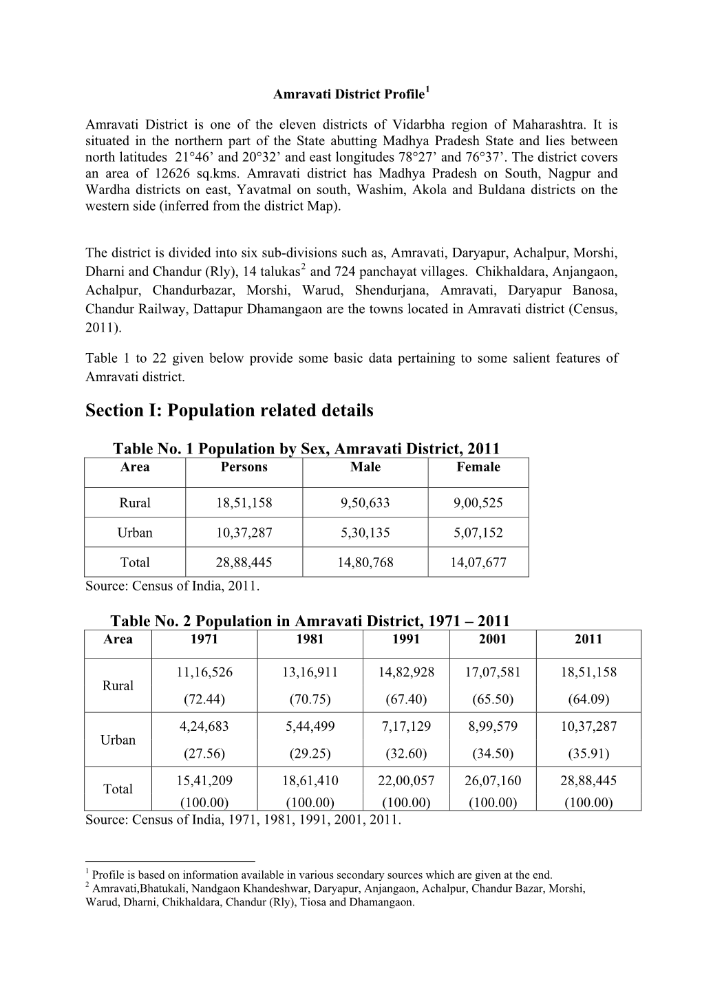 Section I: Population Related Details