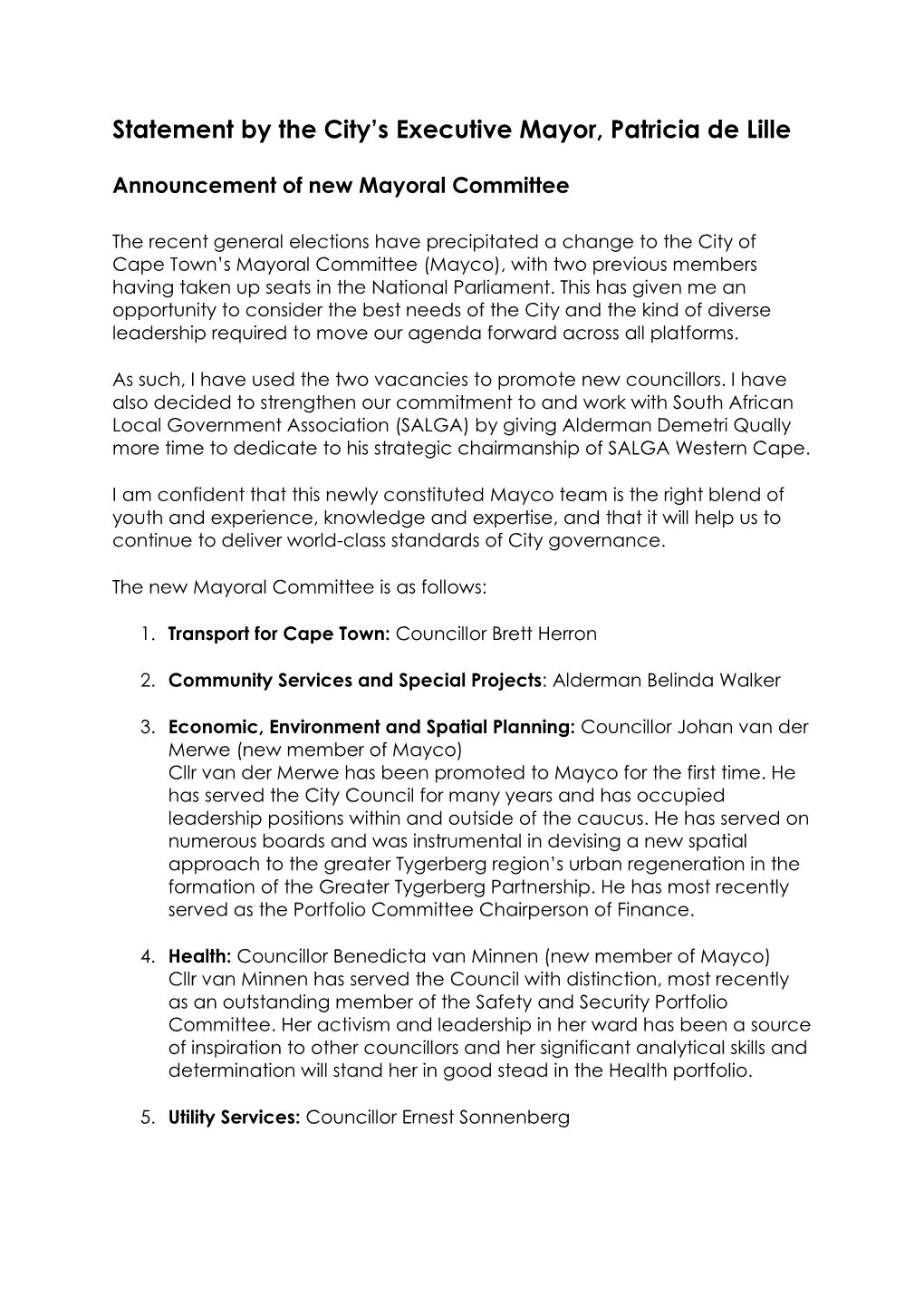 Statement by the City's Executive Mayor, Patricia De Lille