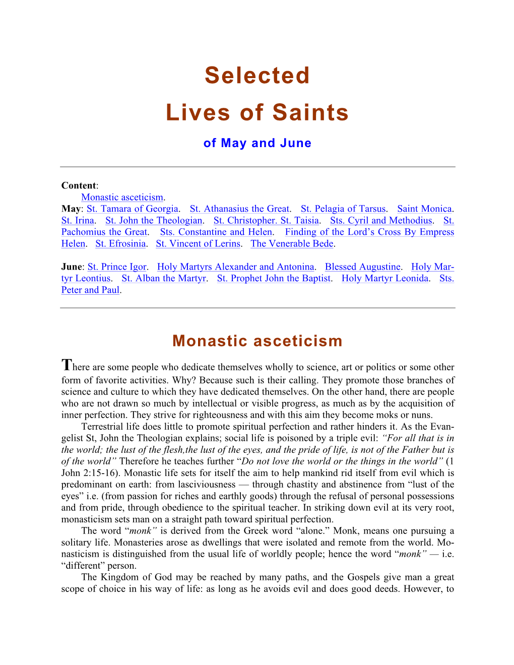 Selected Lives of Saints of May and June