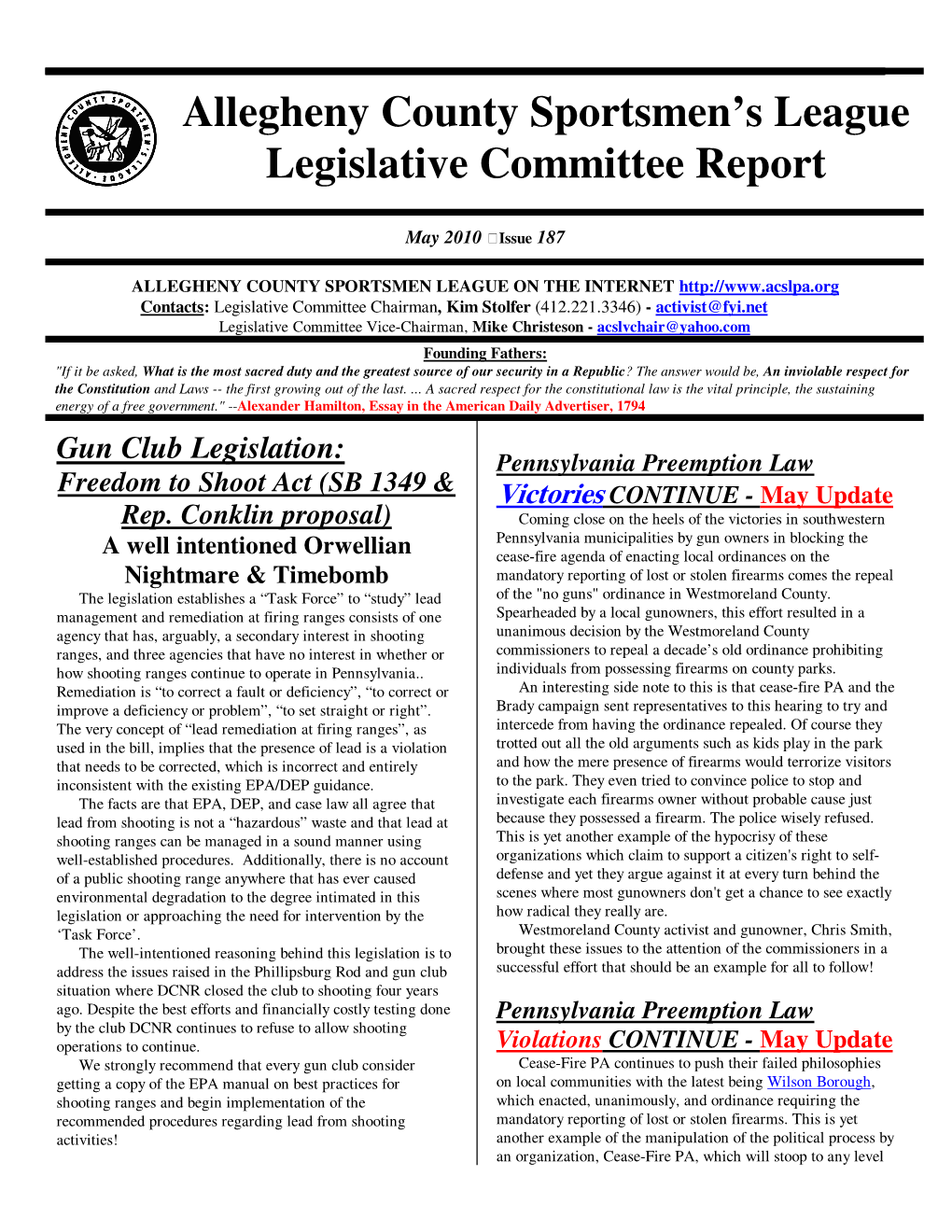 Allegheny County Sportsmen's League Legislative Committee Report