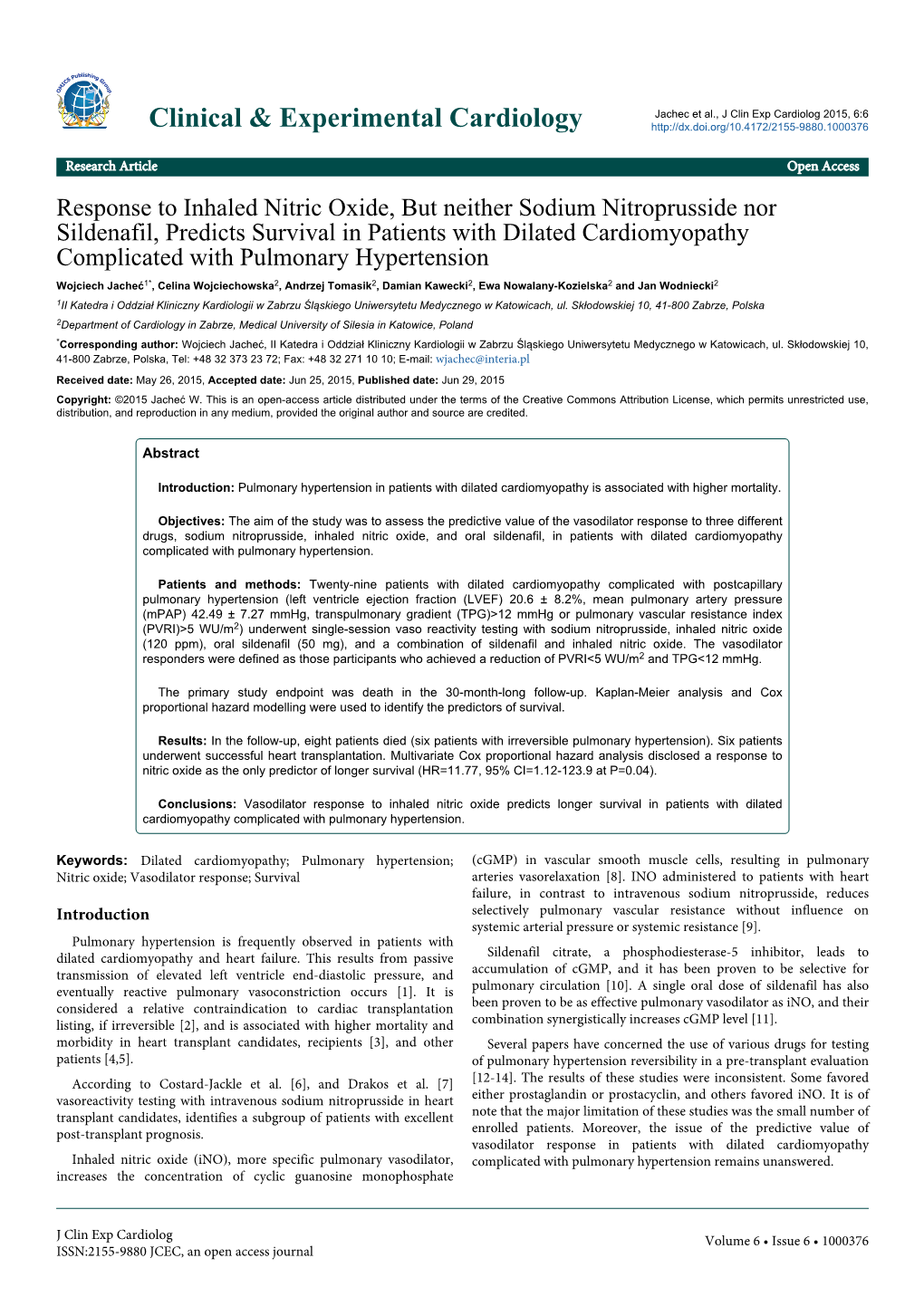 Response to Inhaled Nitric Oxide, but Neither Sodium Nitroprusside Nor Sildenafil, Predicts Survival in Patients With