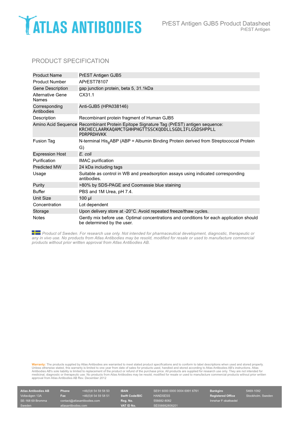 PRODUCT SPECIFICATION Prest Antigen GJB5