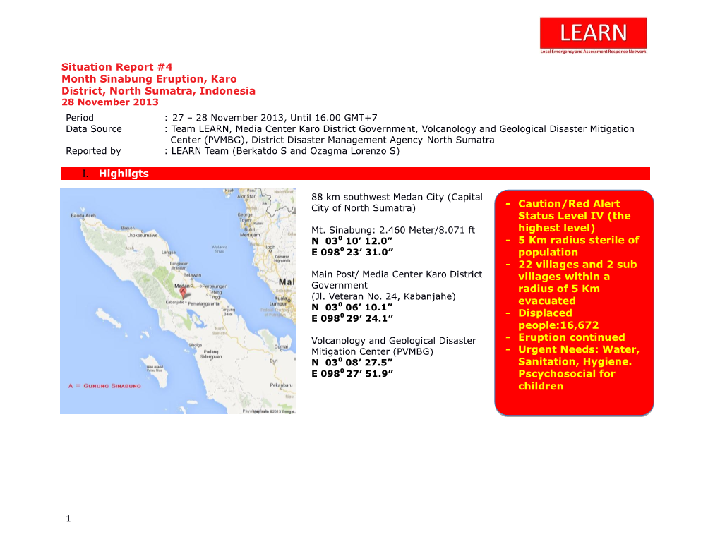 20131129 LEARN Sitrep Sinabung Eruption #4.Pdf (PDF