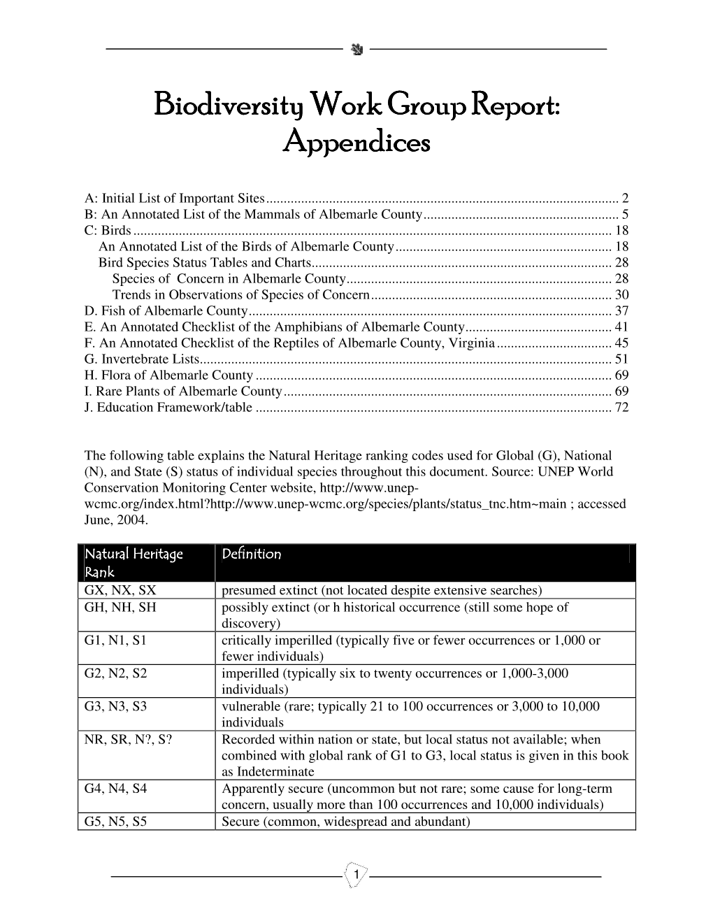 Biodiversity Work Group Report: Appendices