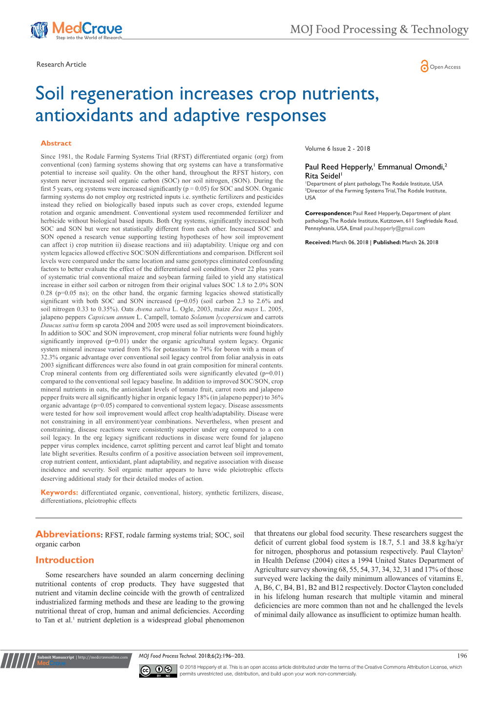 Soil Regeneration Increases Crop Nutrients, Antioxidants and Adaptive Responses