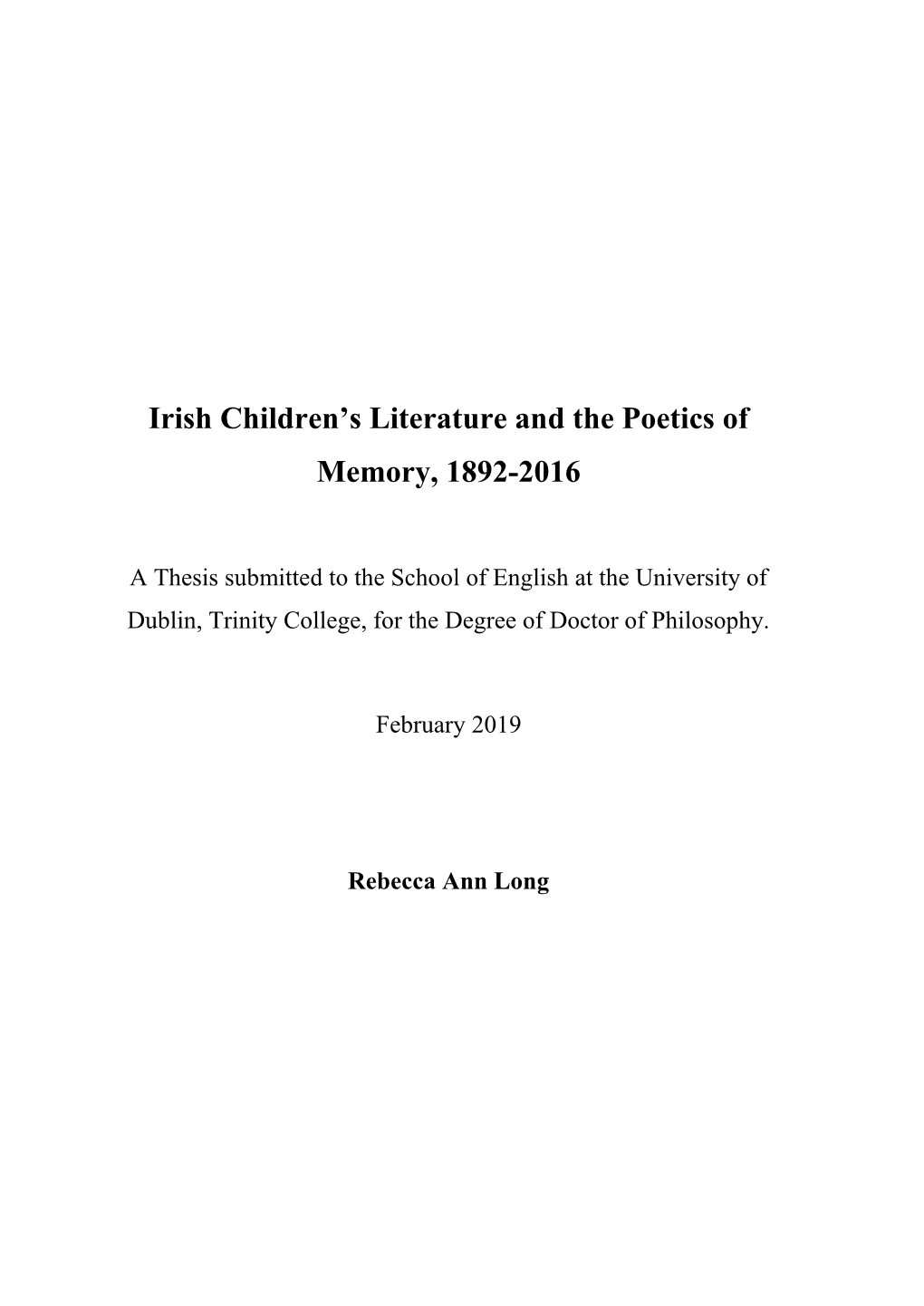 Irish Children's Literature and the Poetics of Memory, 1892-2016