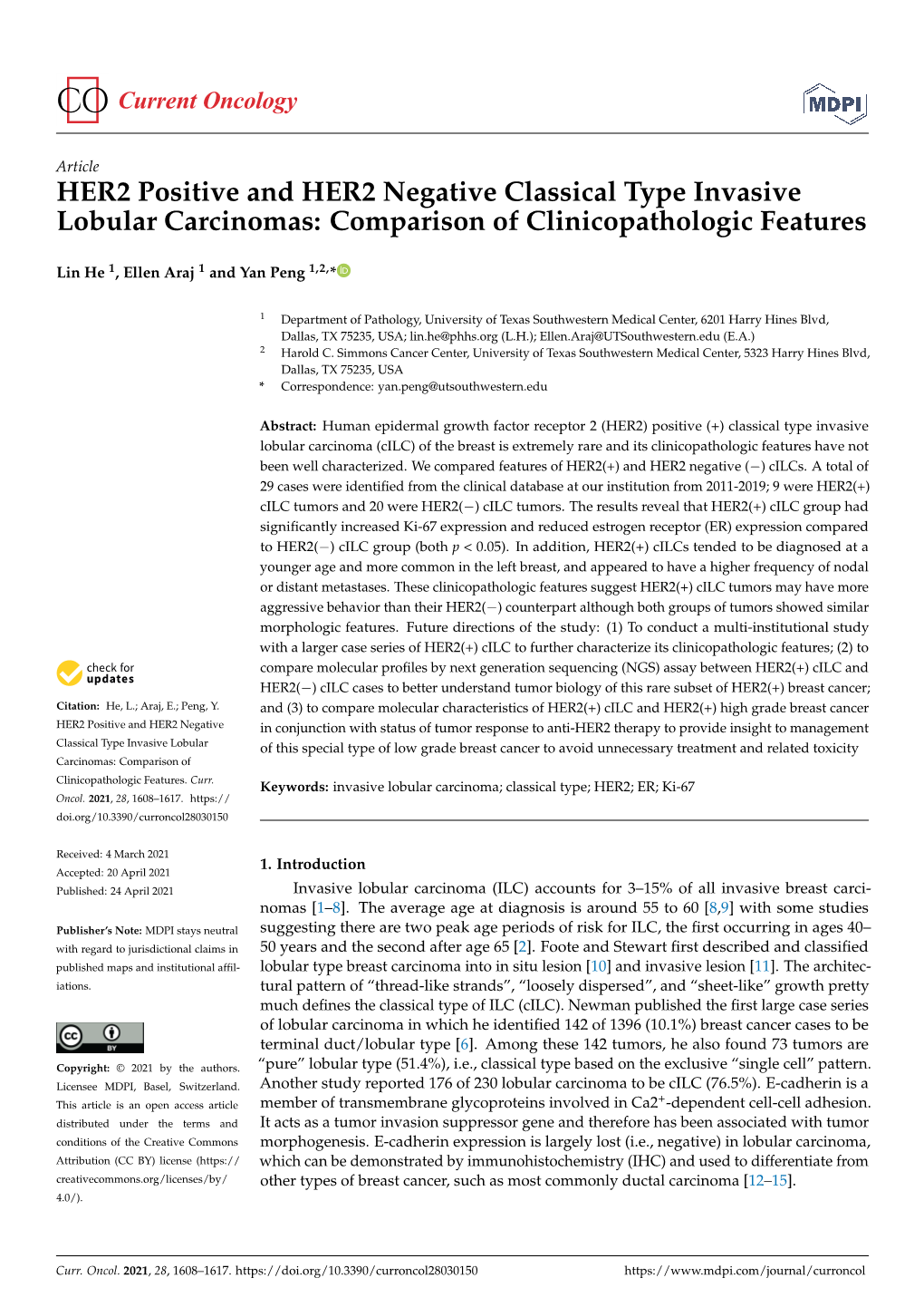 HER2 Positive and HER2 Negative Classical Type Invasive Lobular Carcinomas: Comparison of Clinicopathologic Features