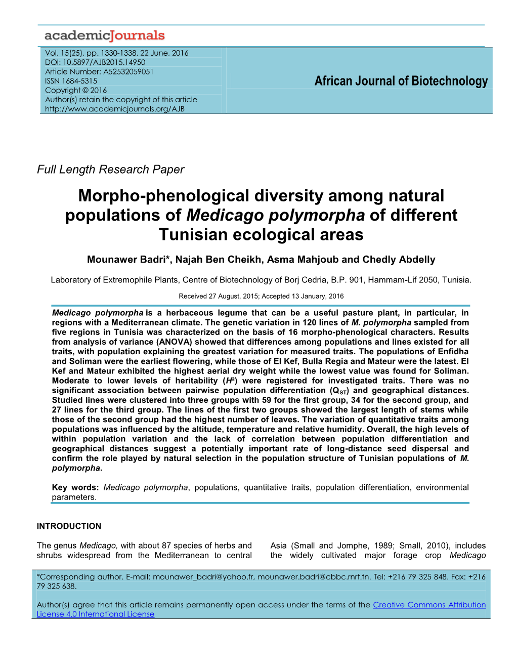 Morpho-Phenological Diversity Among Natural Populations of Medicago Polymorpha of Different Tunisian Ecological Areas