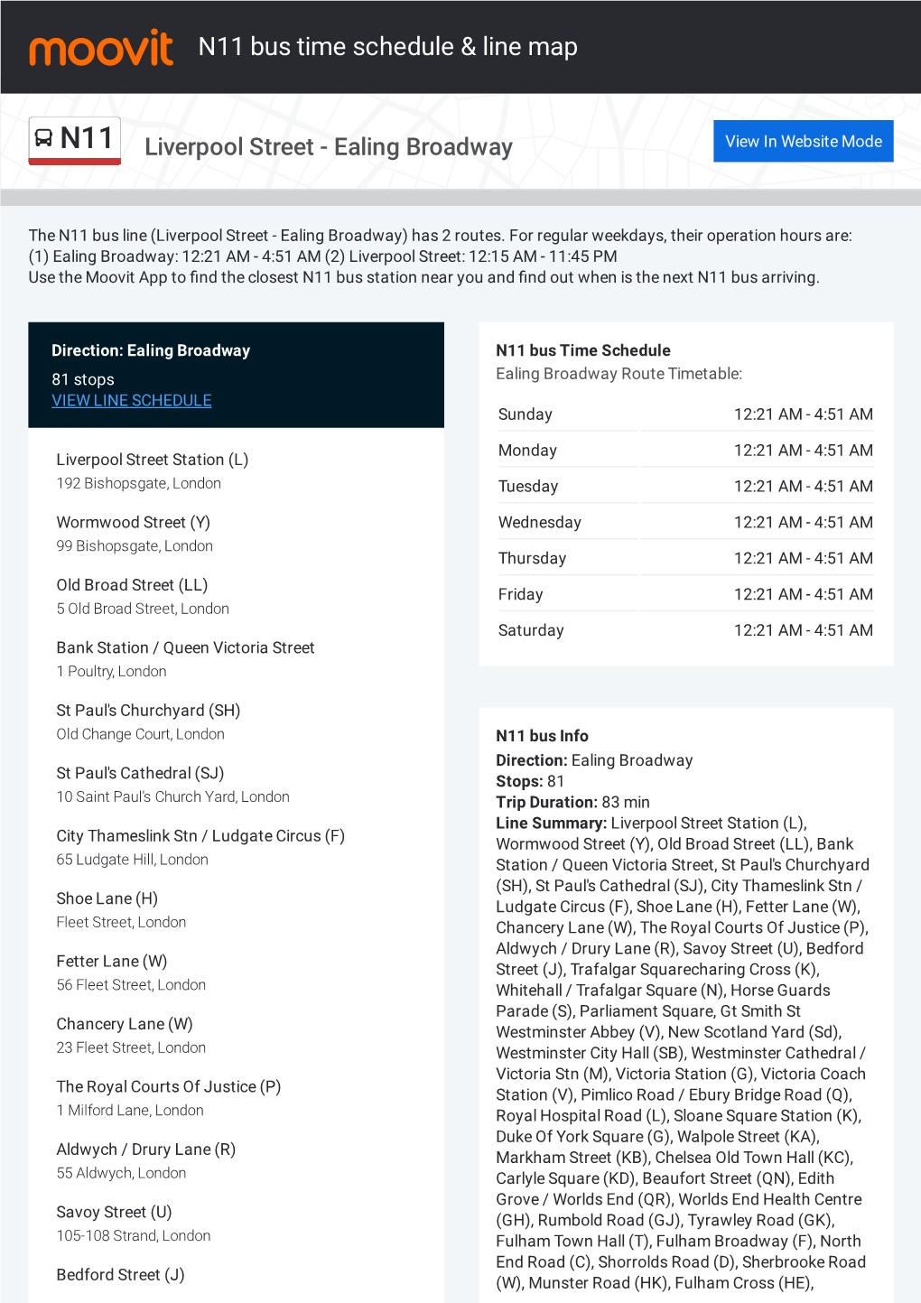 N11 Bus Time Schedule & Line Route