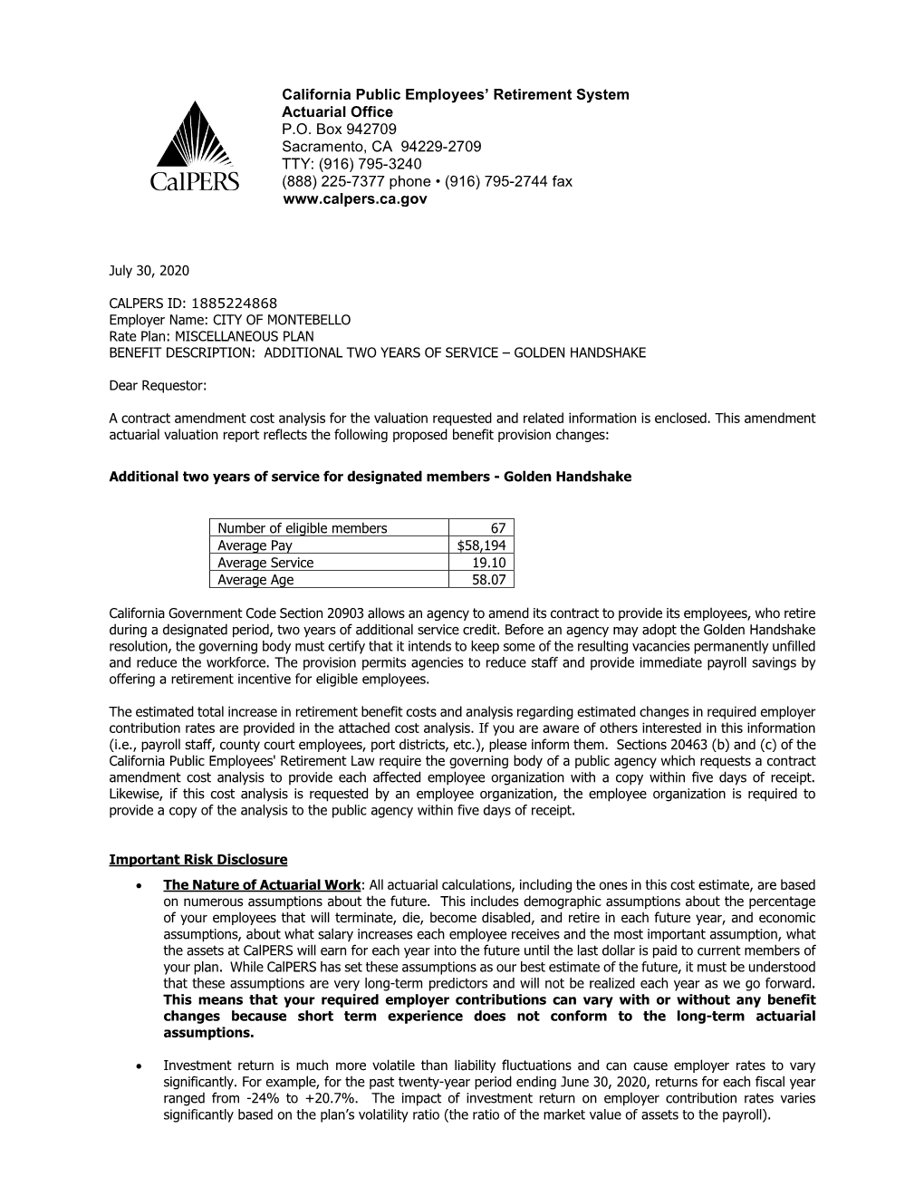 Cost Analysis Misc Plan of the City of Montebello for 2 Year Golden