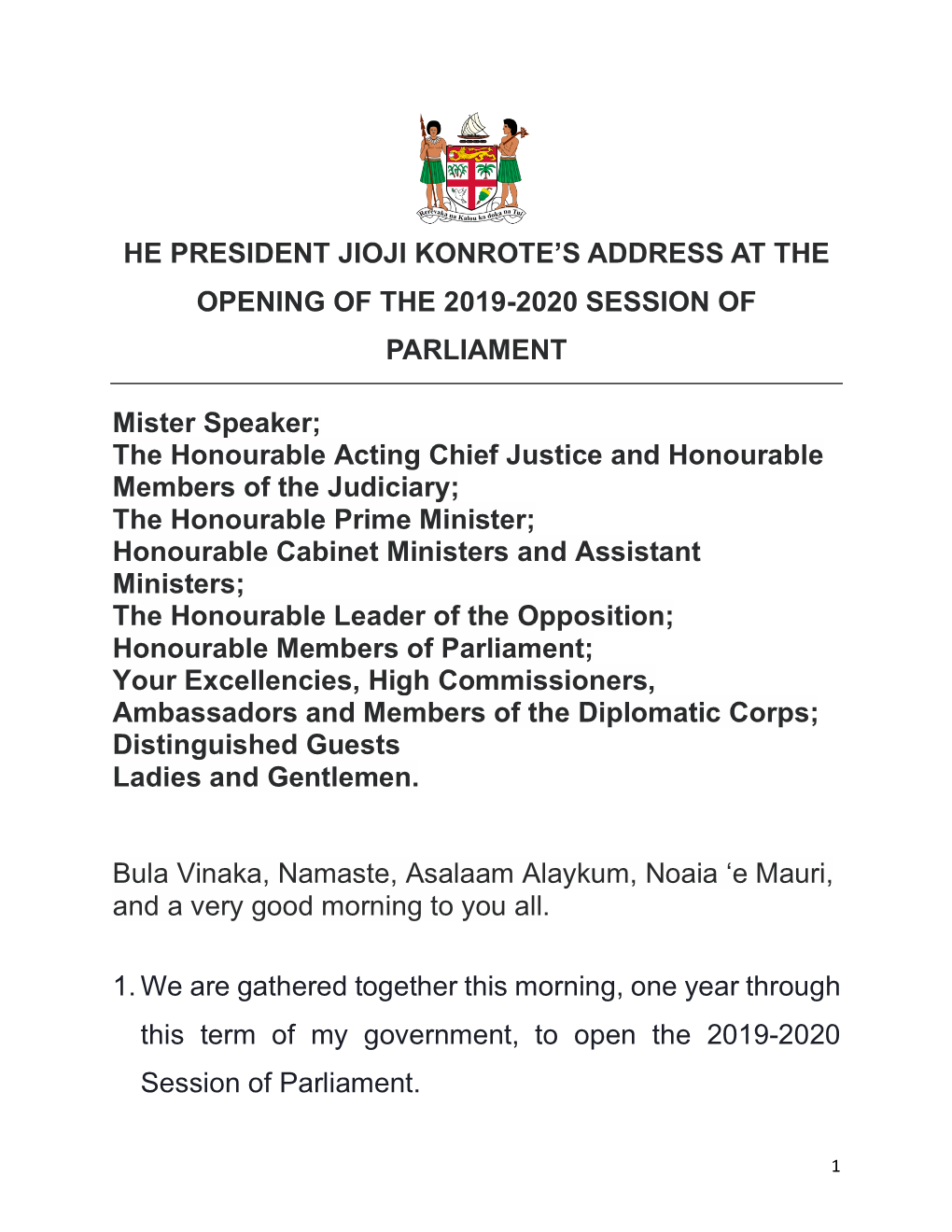 H.E. President Jioji Konrote's Address at the Opening Of