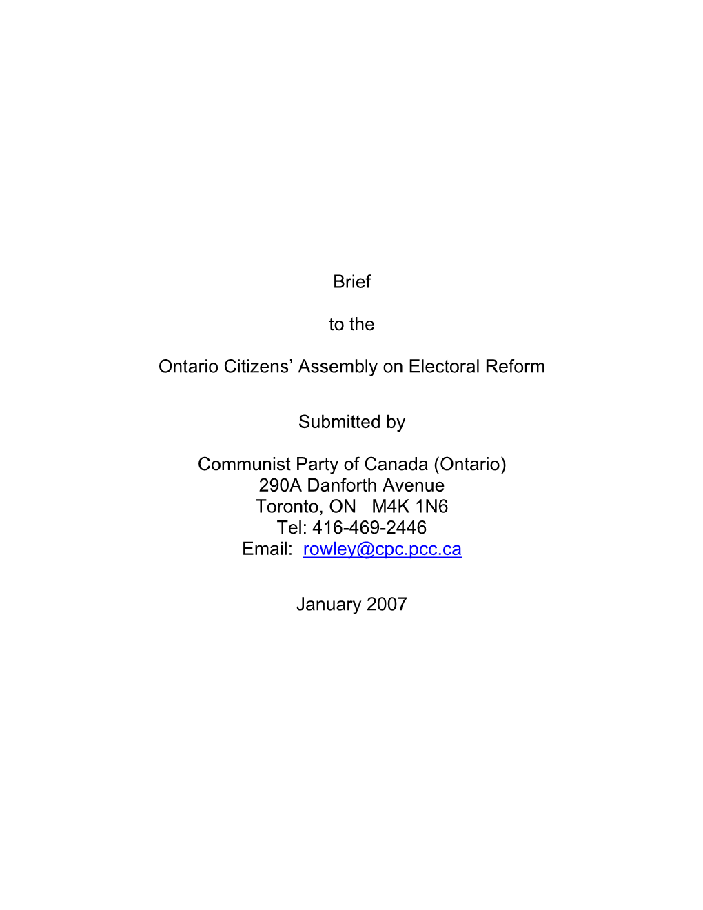 Brief to the Ontario Citizens' Assembly on Electoral Reform Submitted By
