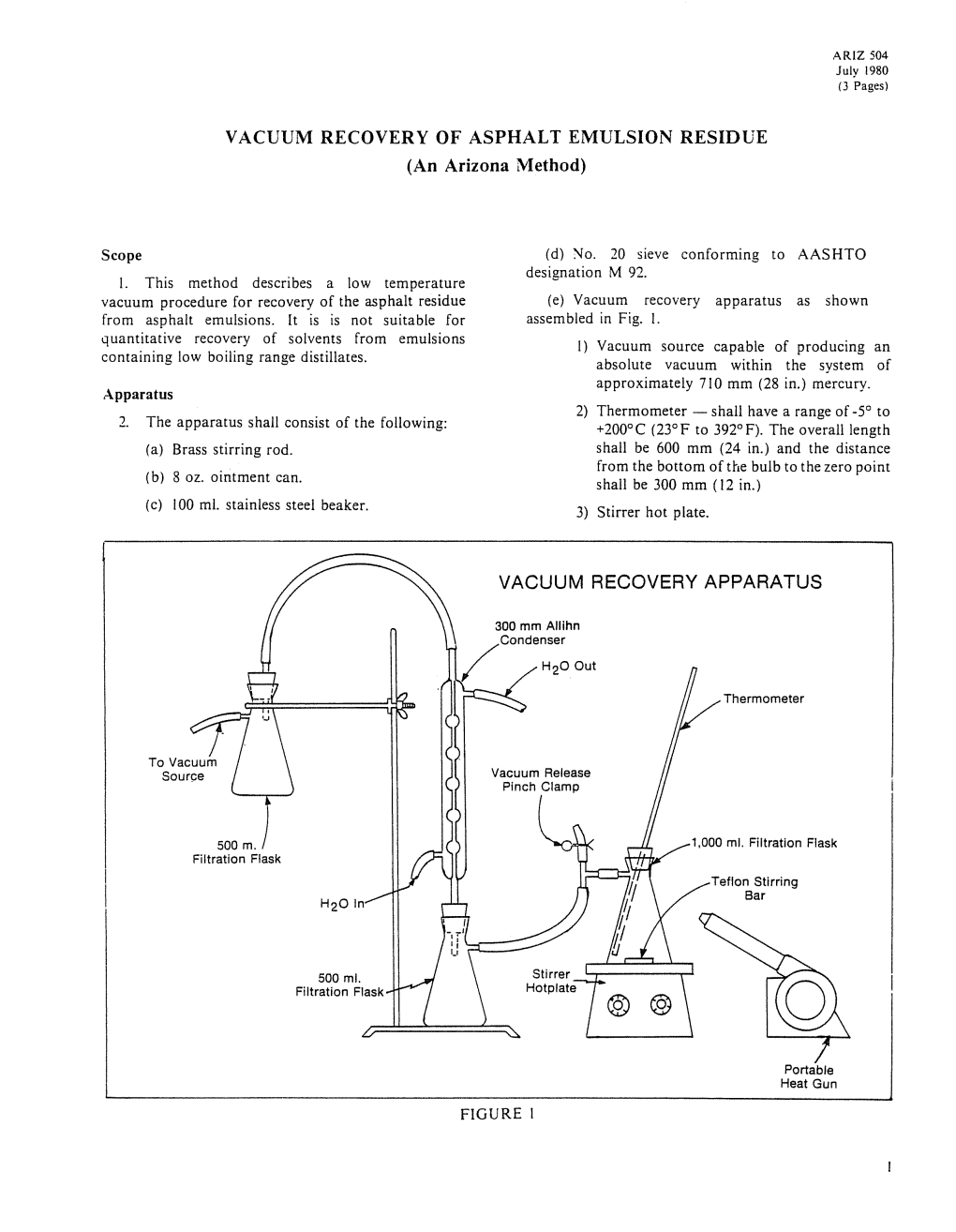 VACUUM RECOVERY of ASPHALT EMULSION RESIDUE (An Arizona Method)