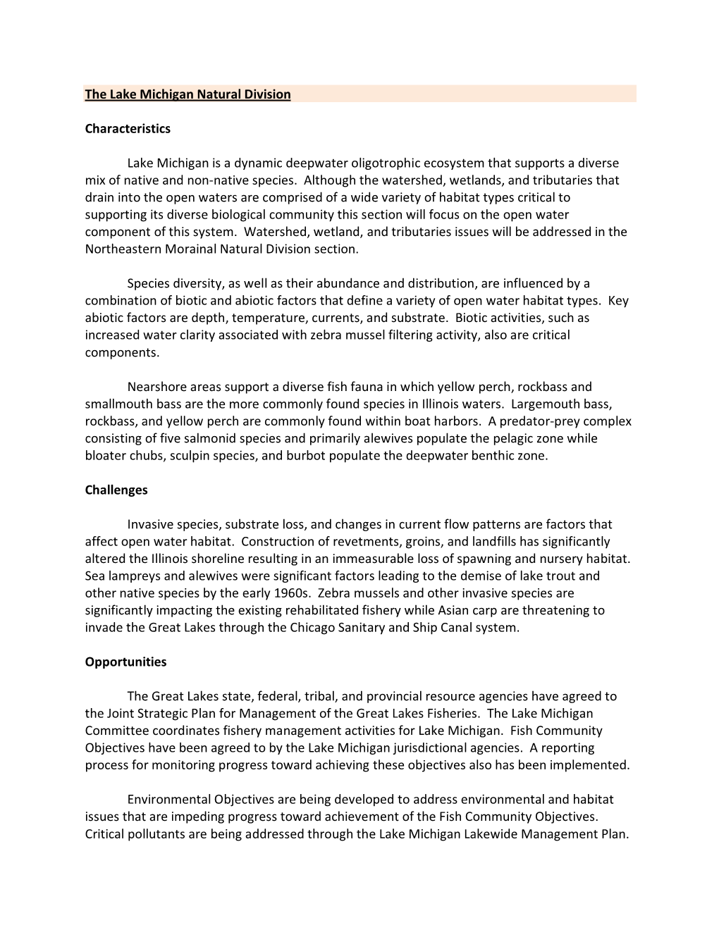 The Lake Michigan Natural Division Characteristics