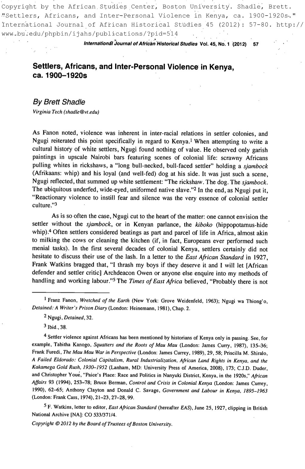 Settlers, Africans, and Inter-Personal Violence in Kenya, Ca. 1900-1920S