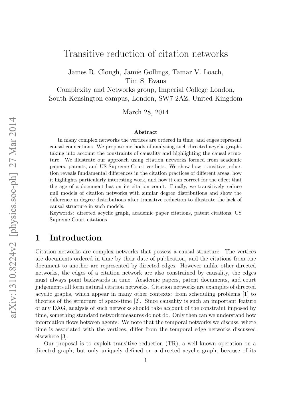 Transitive Reduction of Citation Networks Arxiv:1310.8224V2