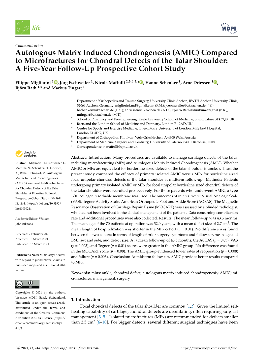 (AMIC) Compared to Microfractures for Chondral Defects of the Talar Shoulder: a Five-Year Follow-Up Prospective Cohort Study