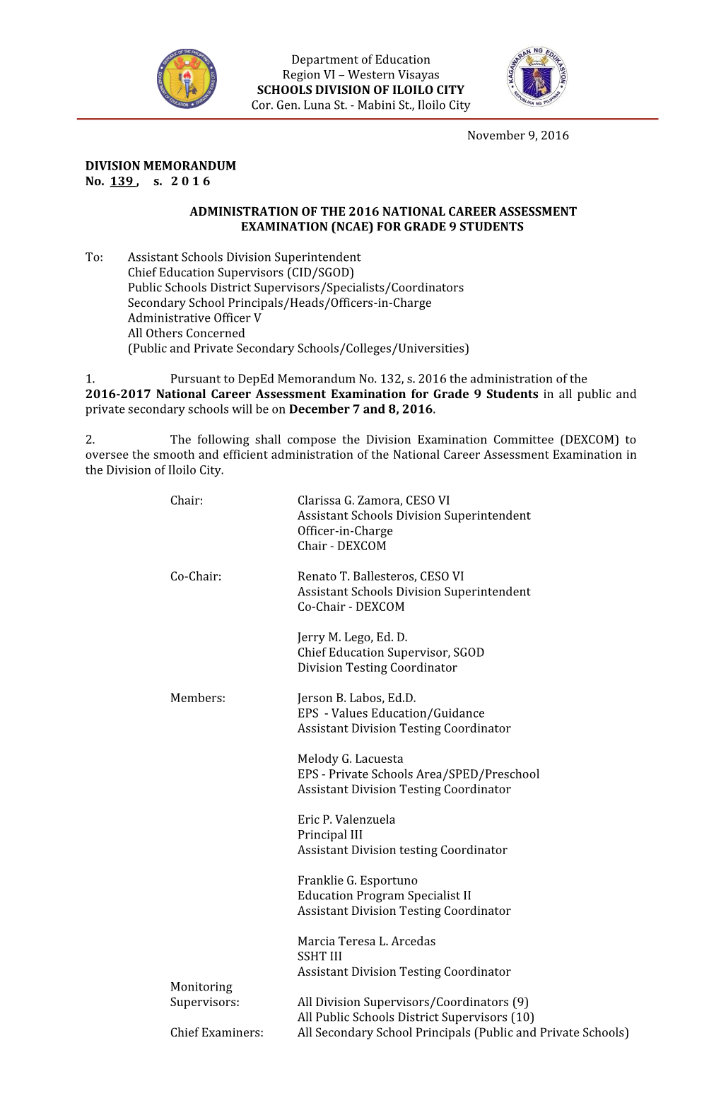 Department of Education Region VI – Western Visayas SCHOOLS DIVISION of ILOILO CITY Cor