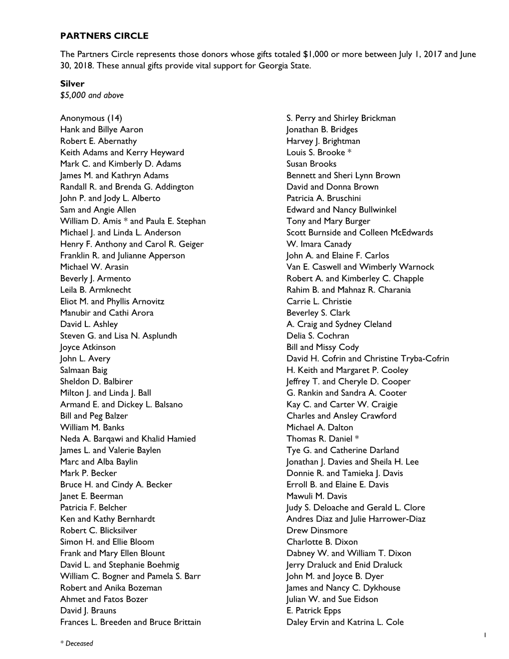 PARTNERS CIRCLE the Partners Circle Represents Those Donors Whose Gifts Totaled $1,000 Or More Between July 1, 2017 and June 30, 2018