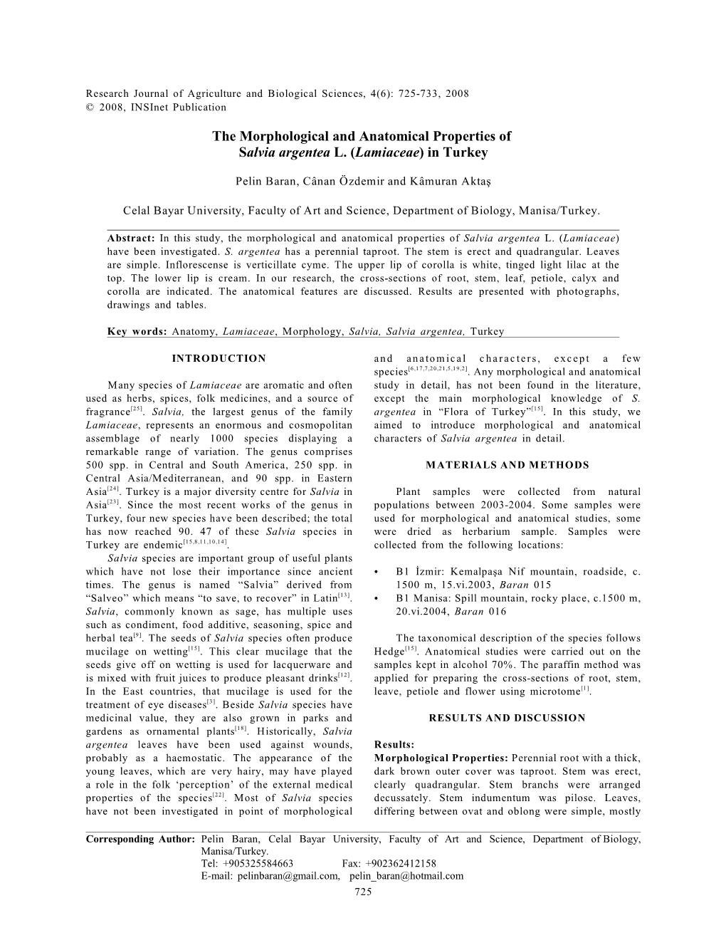 The Morphological and Anatomical Properties of Salvia Argentea L. (Lamiaceae) in Turkey