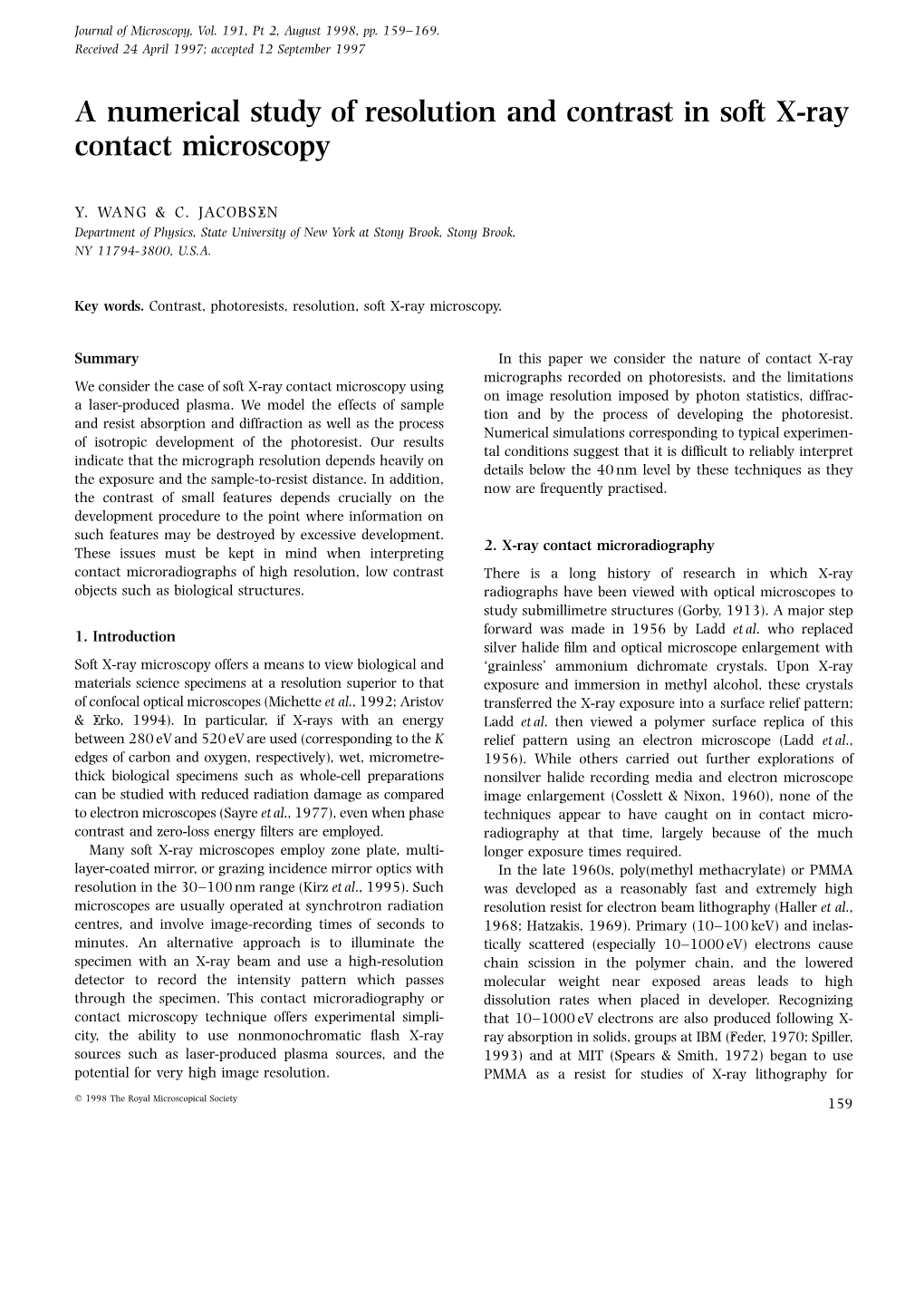 A Numerical Study of Resolution and Contrast in Soft X-Ray Contact Microscopy