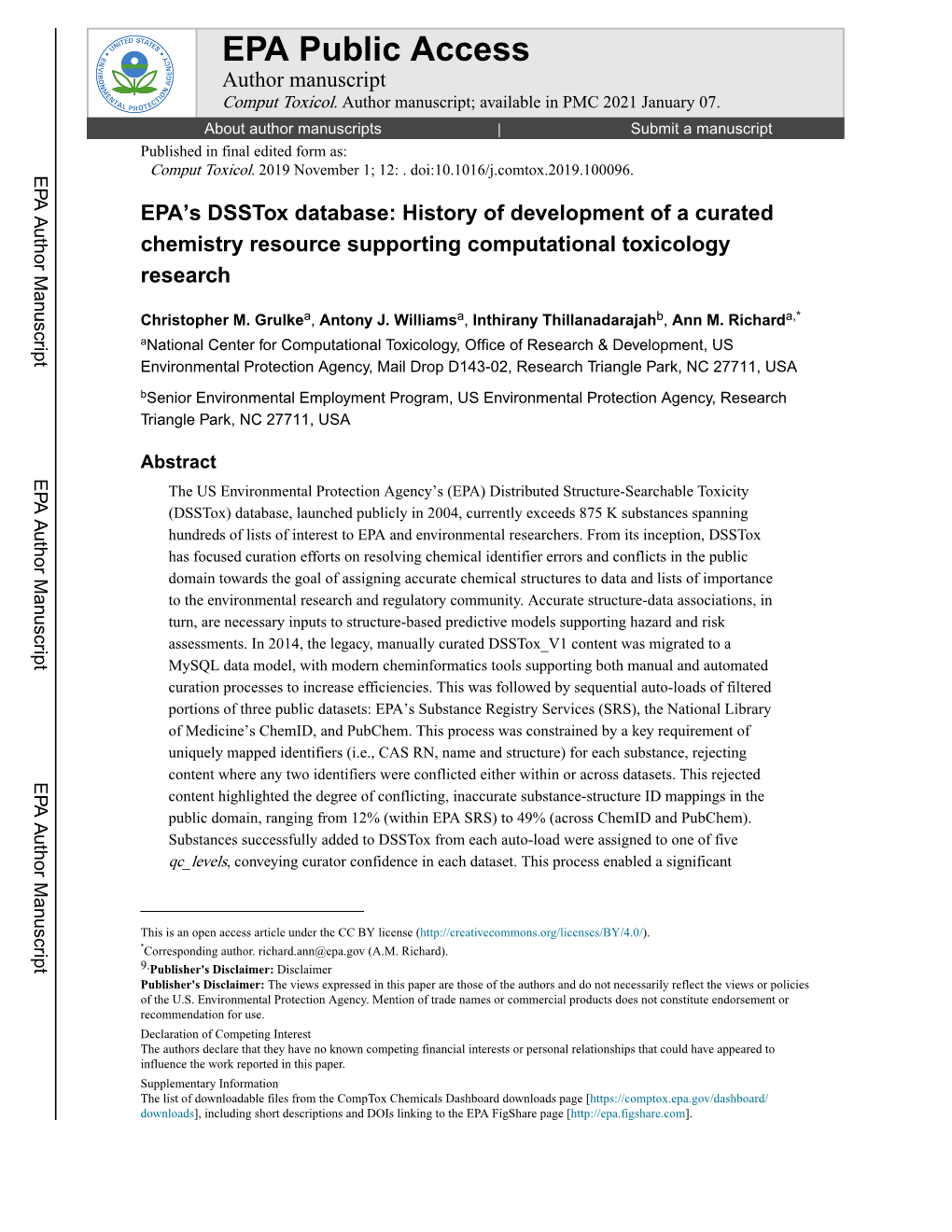 EPA's Dsstox Database: History of Development of a Curated Chemistry