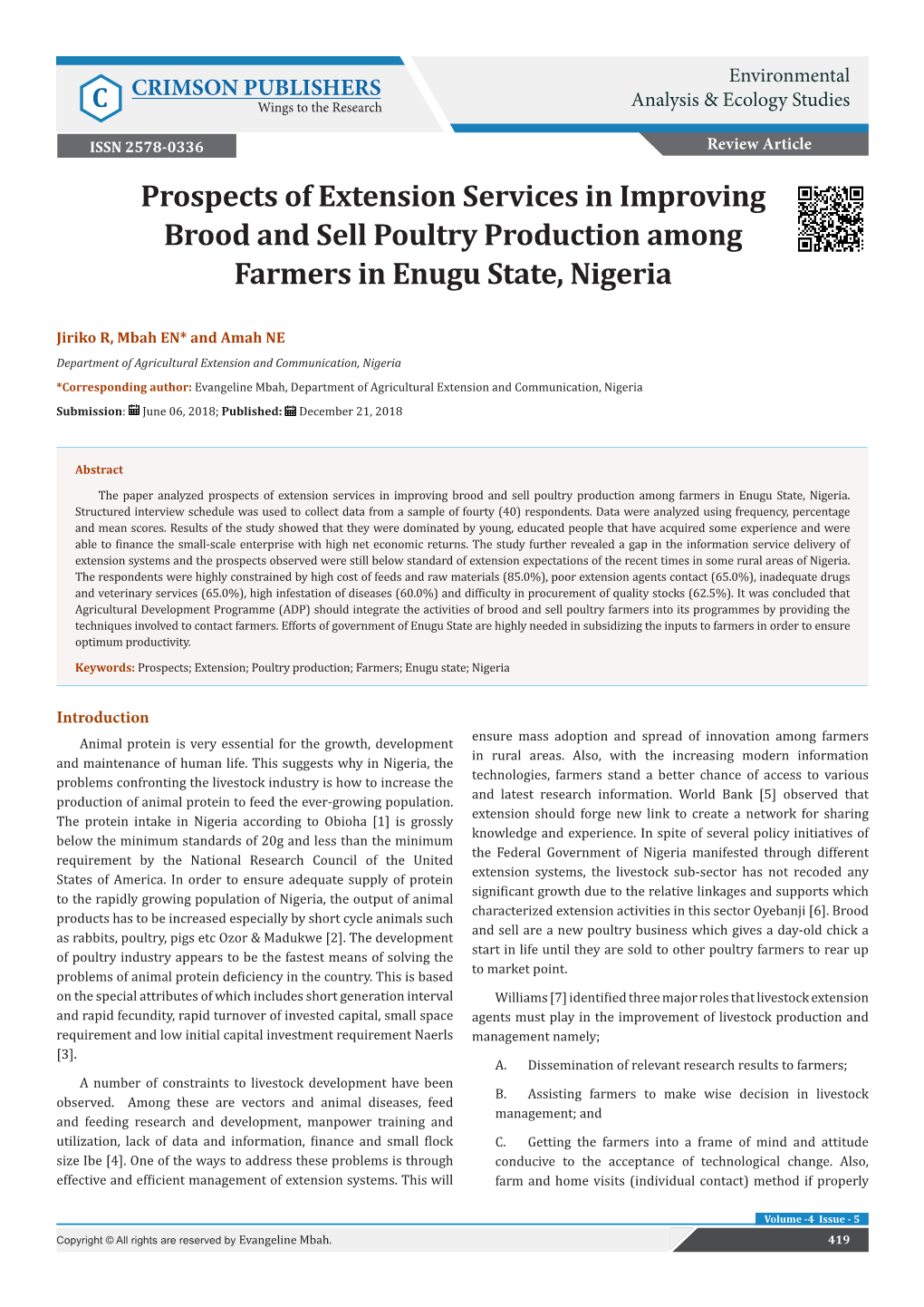 Prospects of Extension Services in Improving Brood and Sell Poultry Production Among Farmers in Enugu State, Nigeria