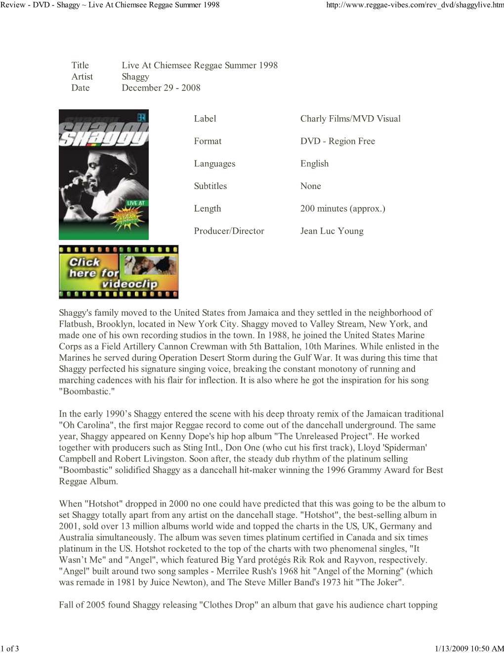 Review - DVD - Shaggy ~ Live at Chiemsee Reggae Summer 1998