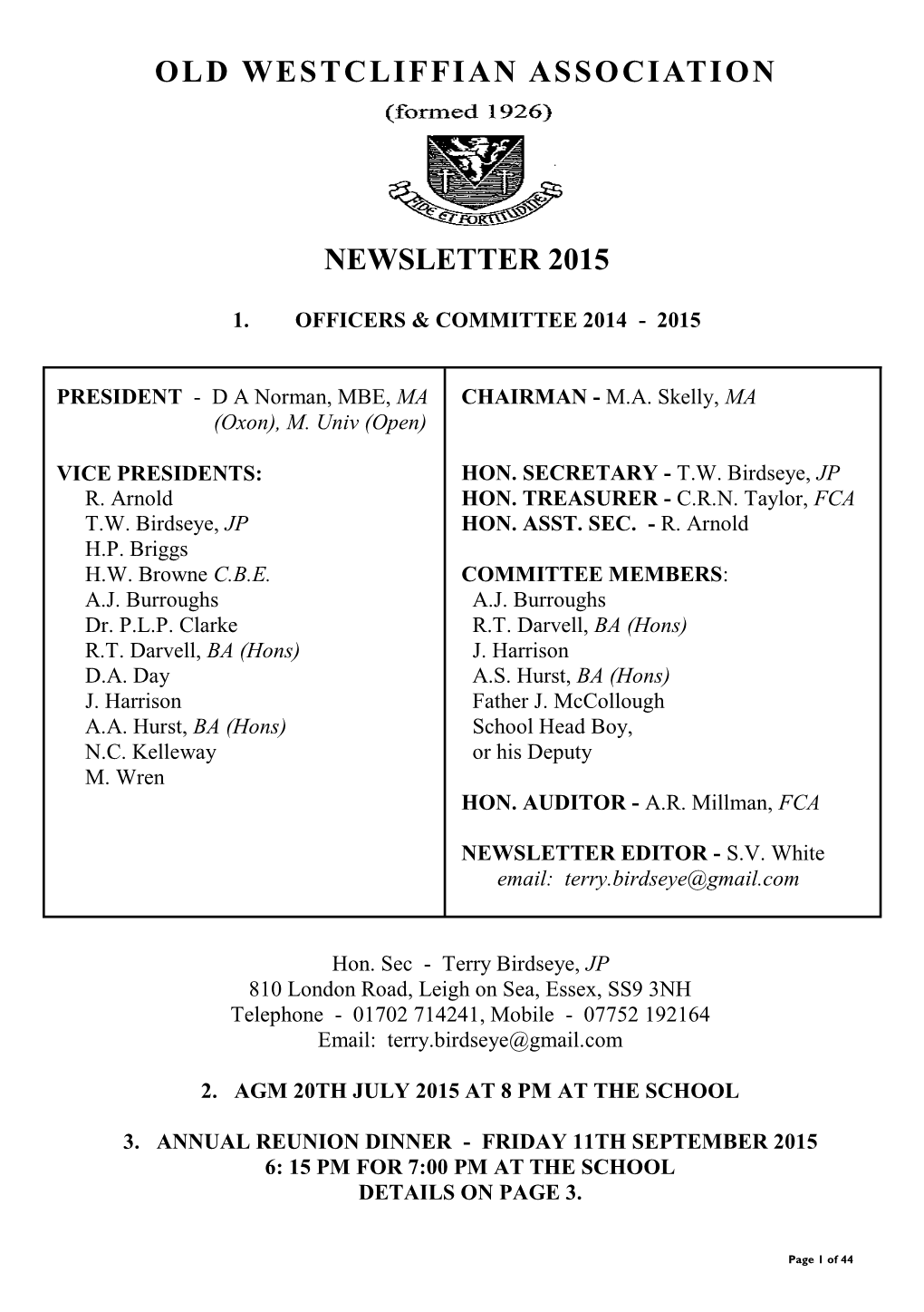 Old Westcliffian Association Newsletter 2015