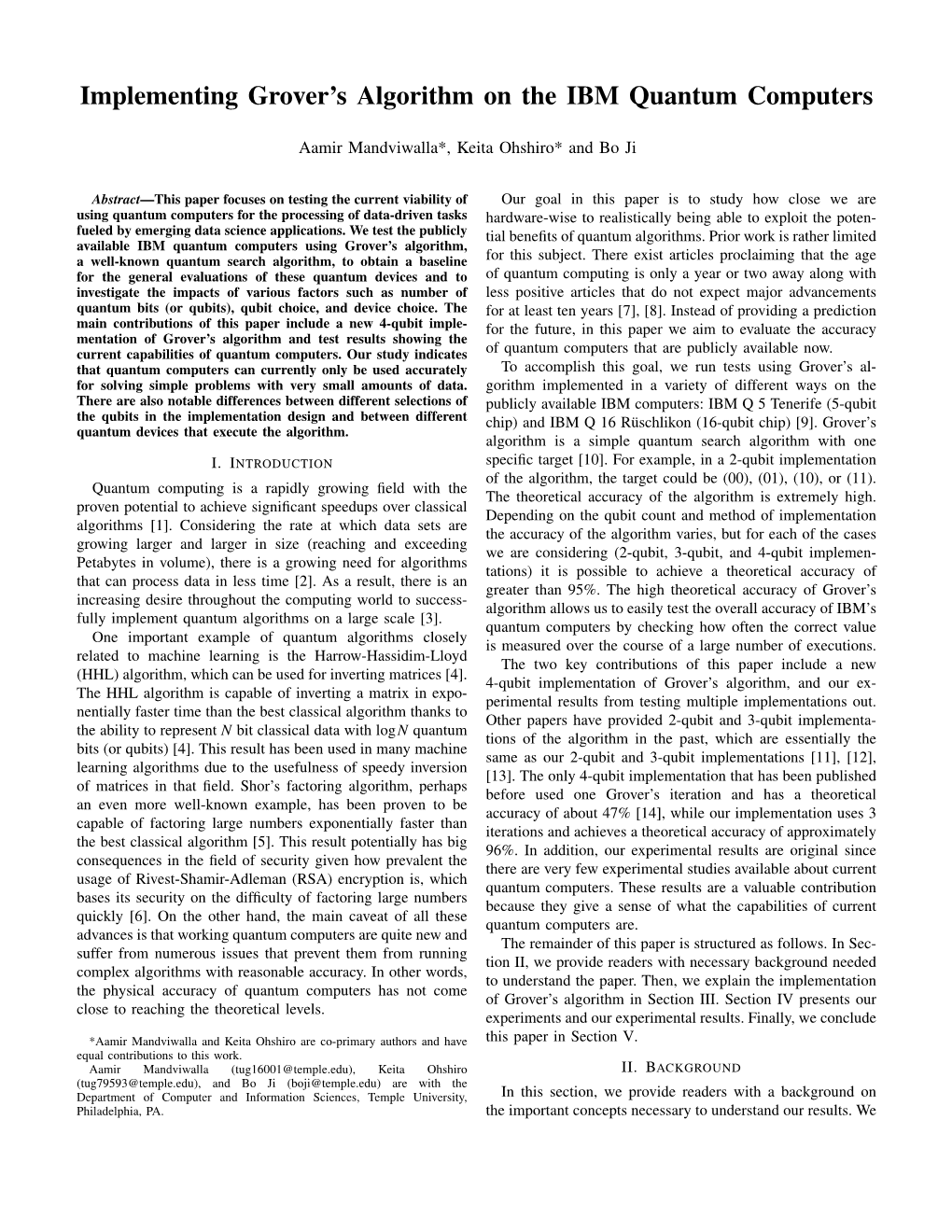 Implementing Grover's Algorithm on the IBM Quantum Computers